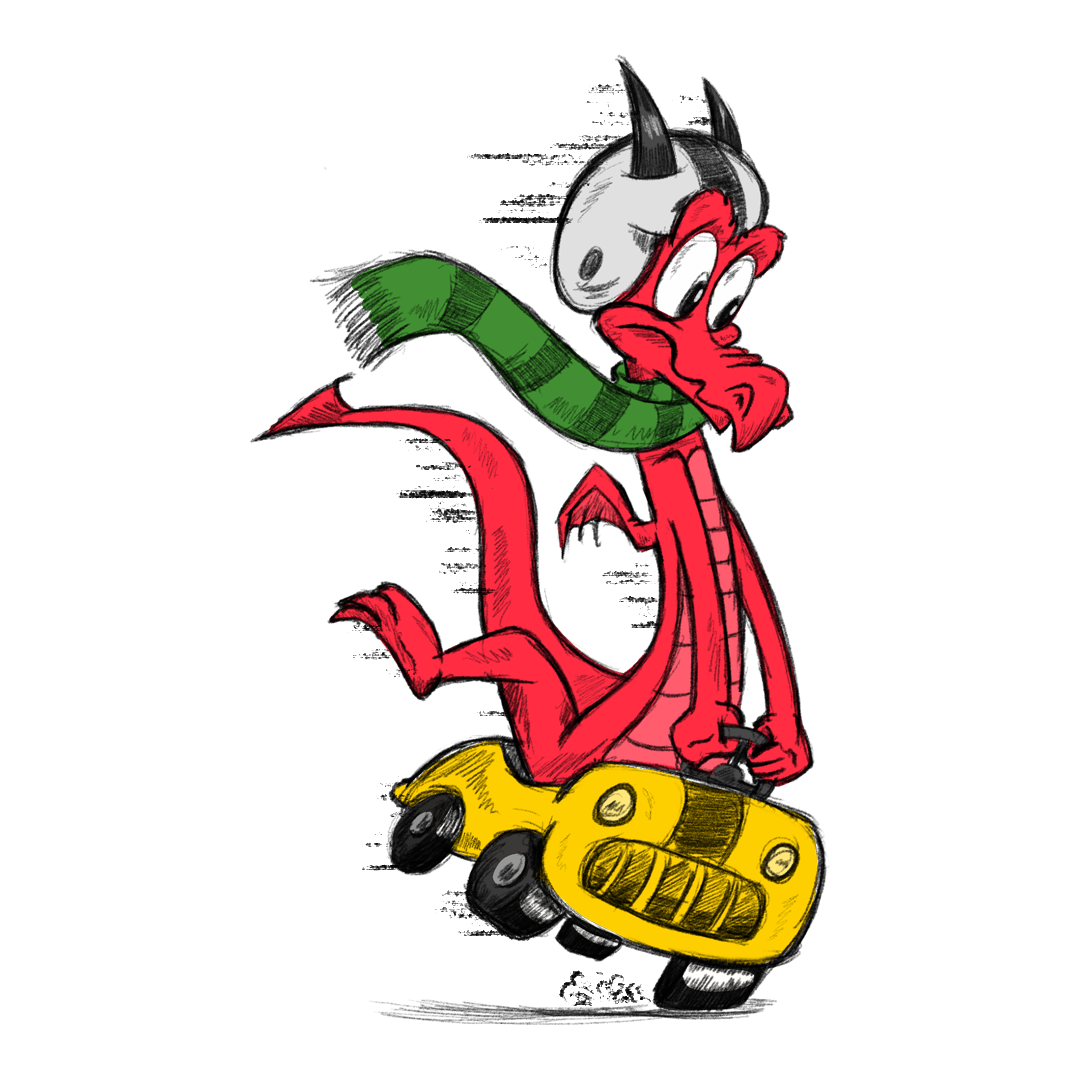 A cartoon dragon with a white head, red body, green scarf, and yellow car, smiling against a black background.