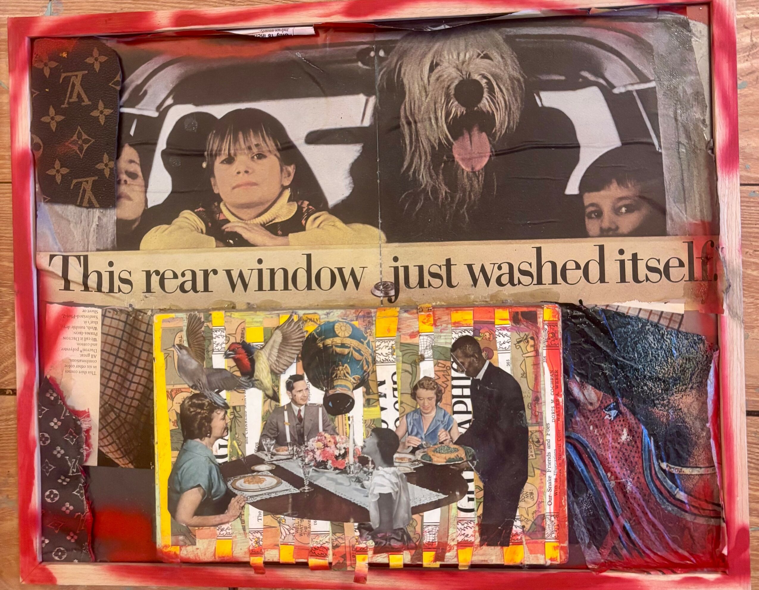 People sitting at a table with a dog in a vehicle's rear window, with a caption about washing it. Word count: 20.