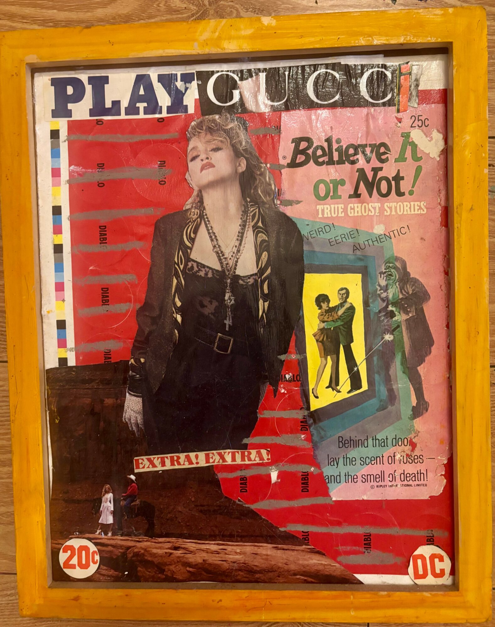 Woman with curly hair wearing a black jacket and jewelry, standing in front of a colorful collage background, framed in yellow.