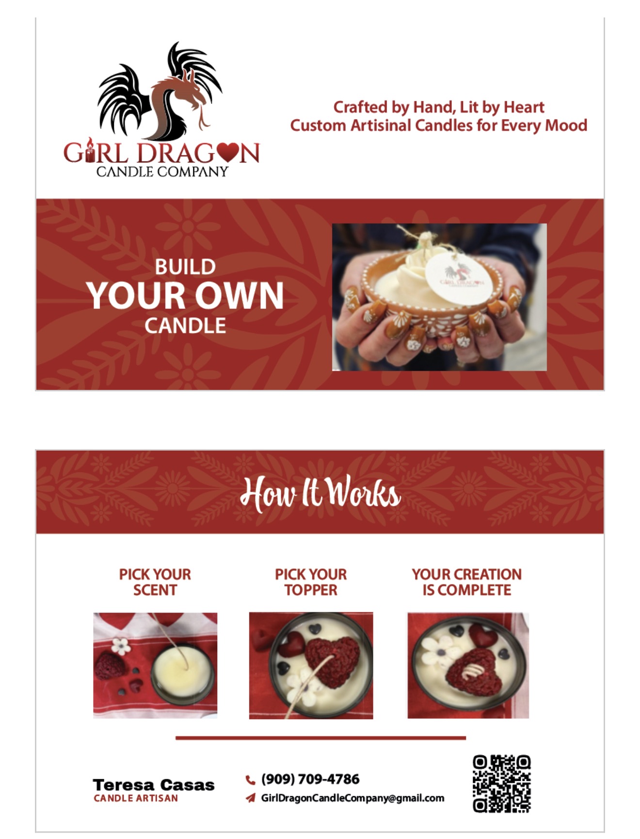Product packaging for Girl Dragon Candle Company with instructions on building a custom candle, including images of scent, topper, and creation process.
