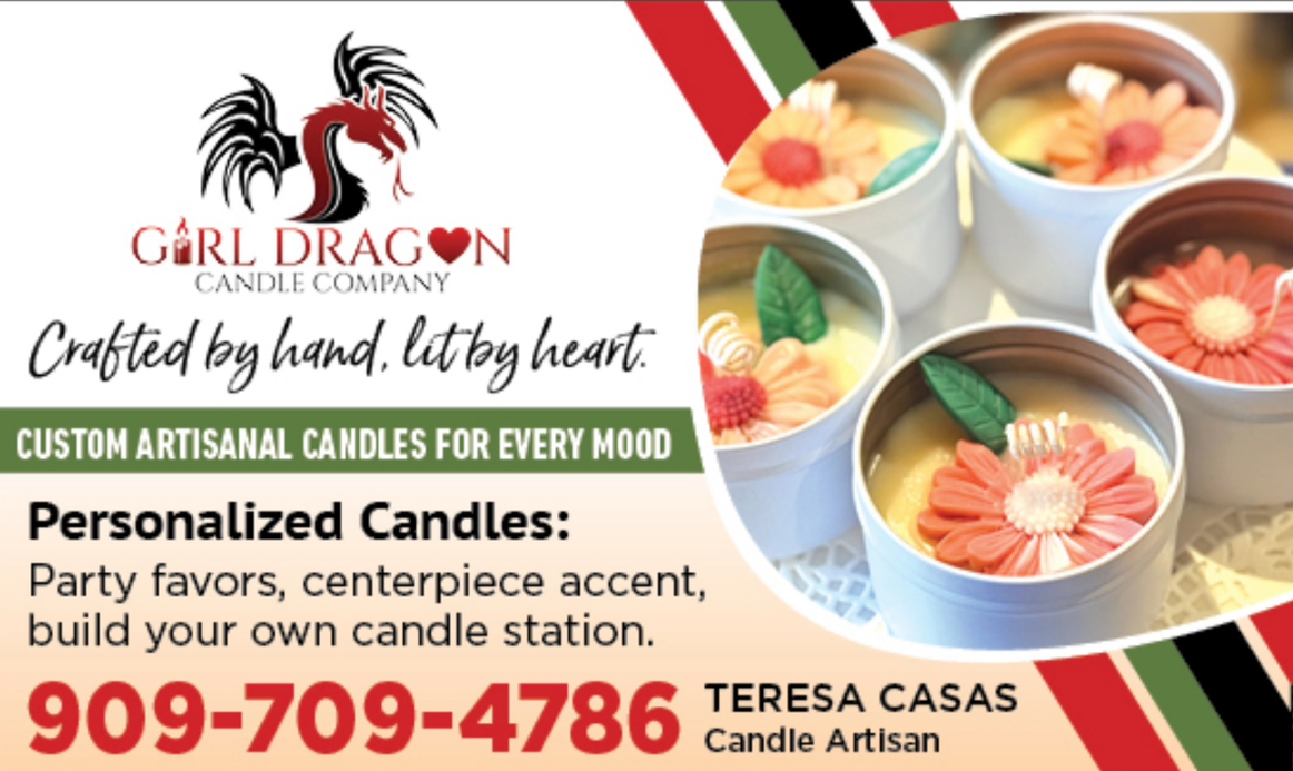 Business card for Girl Dragon Candle Company with candles, contact info, and personalized candle options.