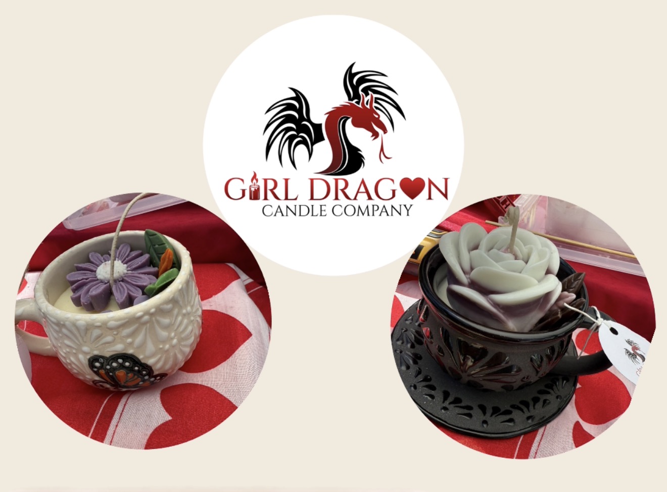Logo with a red and black dragon, text reads 'Girl Dragon Candle Company', two candles in decorative holders below.
