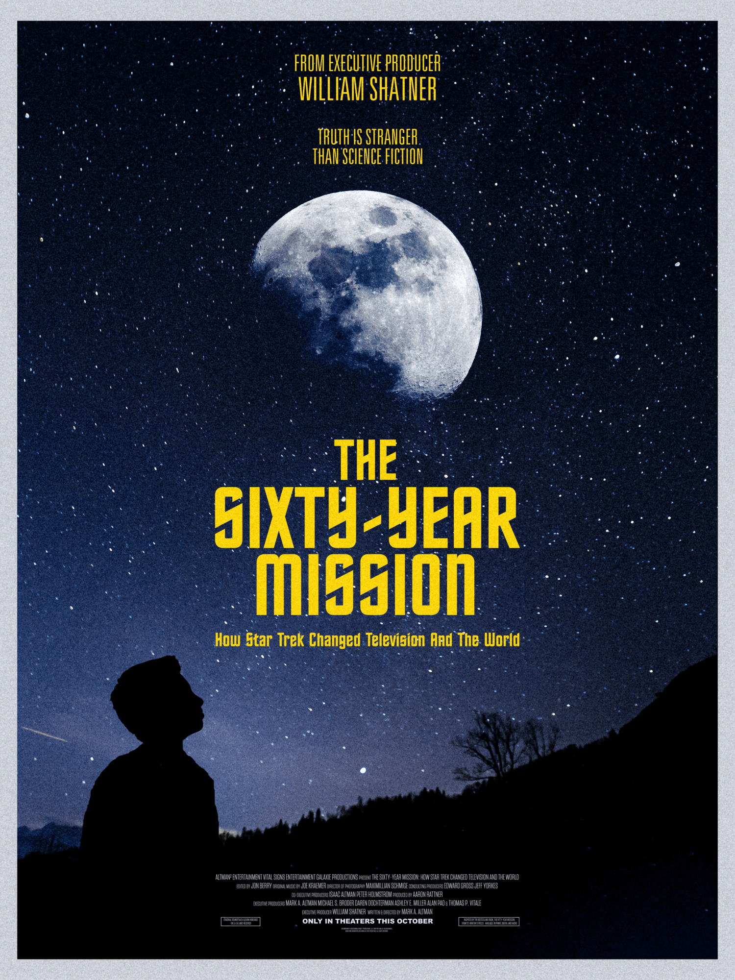 Silhouette of a person looking at a starry night sky with a large moon, movie title in yellow text, and a dark landscape.