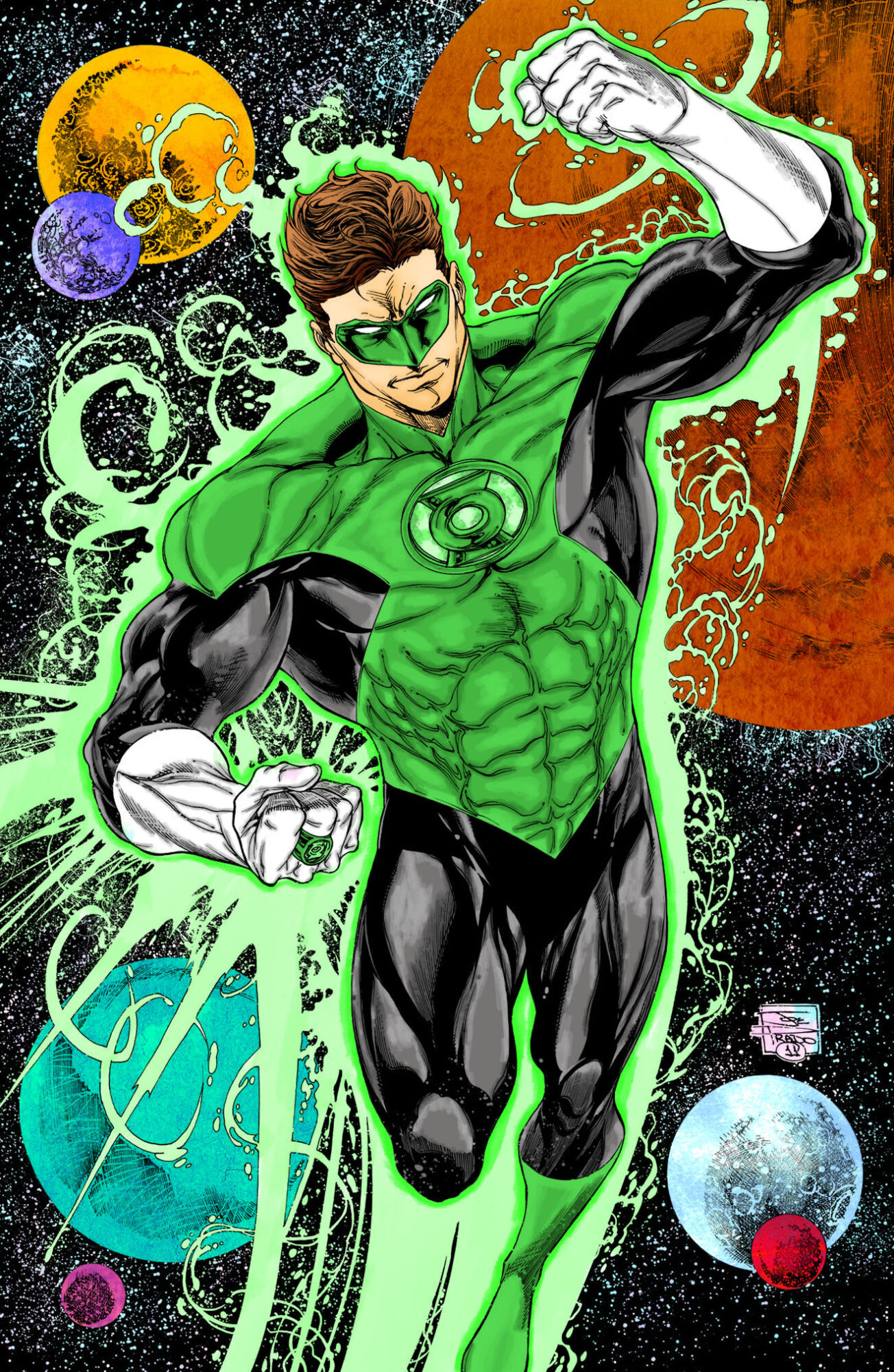 Green lantern superhero in green and black costume flying with colorful planets in background.