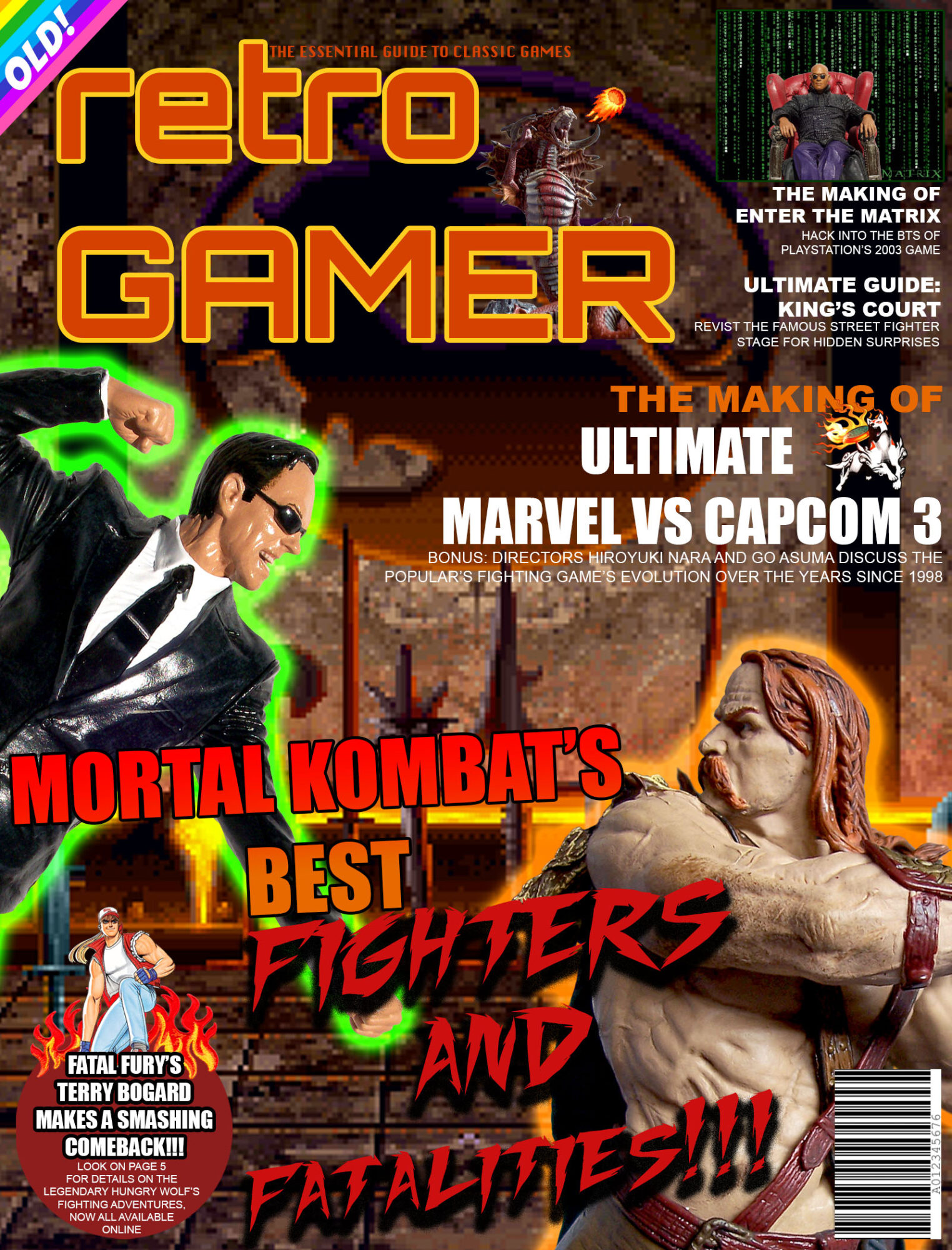 Magazine cover featuring retro gaming, Marvel vs. Capcom, Mortal Kombat, and fighting game themes with colorful text and characters.