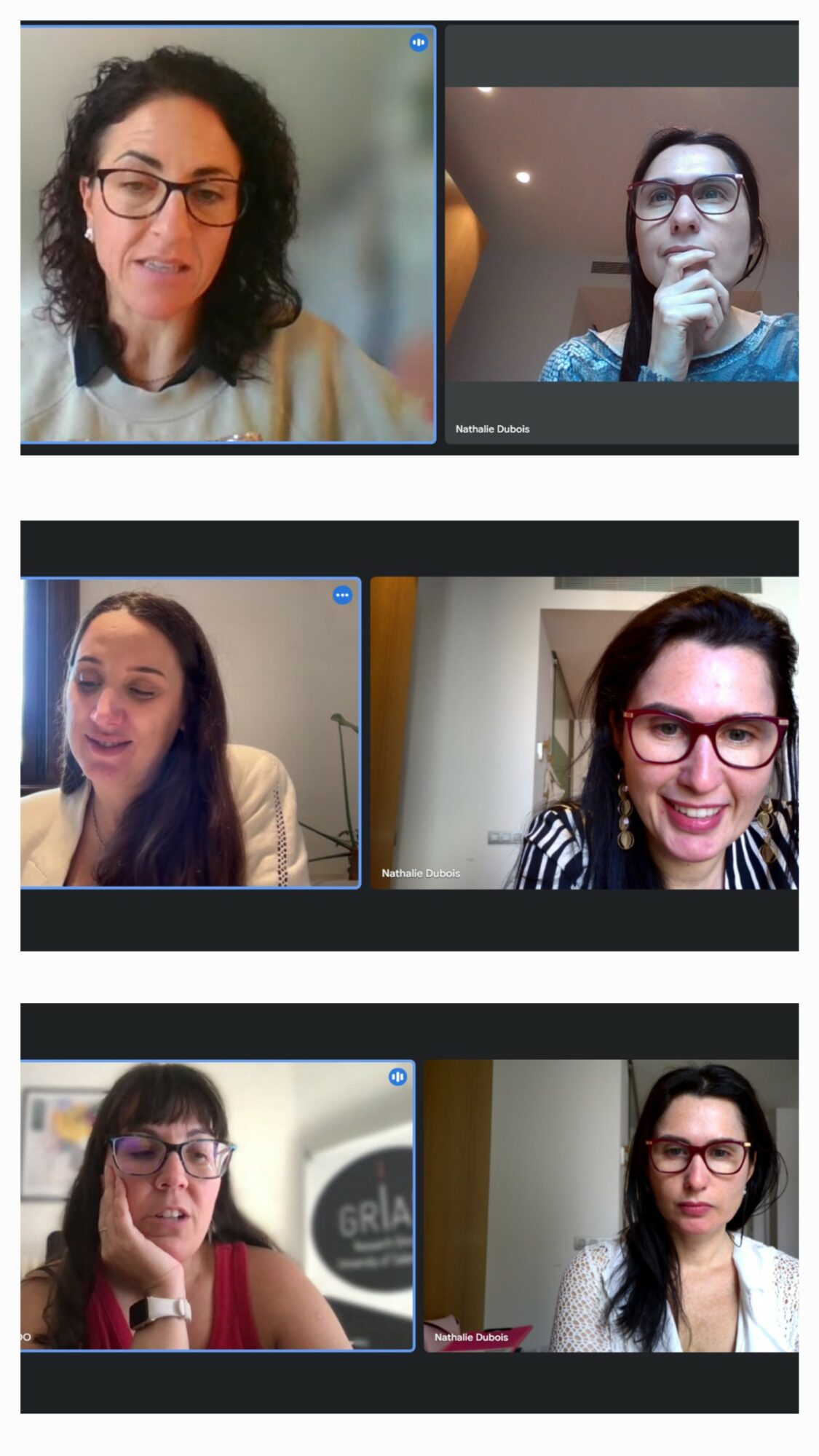 Six people in video call, some smiling, some with thoughtful expressions, in various indoor settings.