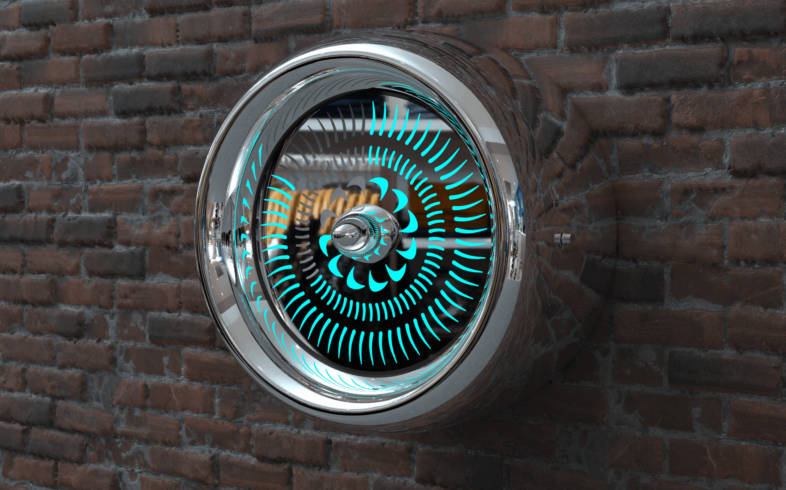 A circular, futuristic-looking device mounted on a brick wall, with glowing blue and yellow lights inside.