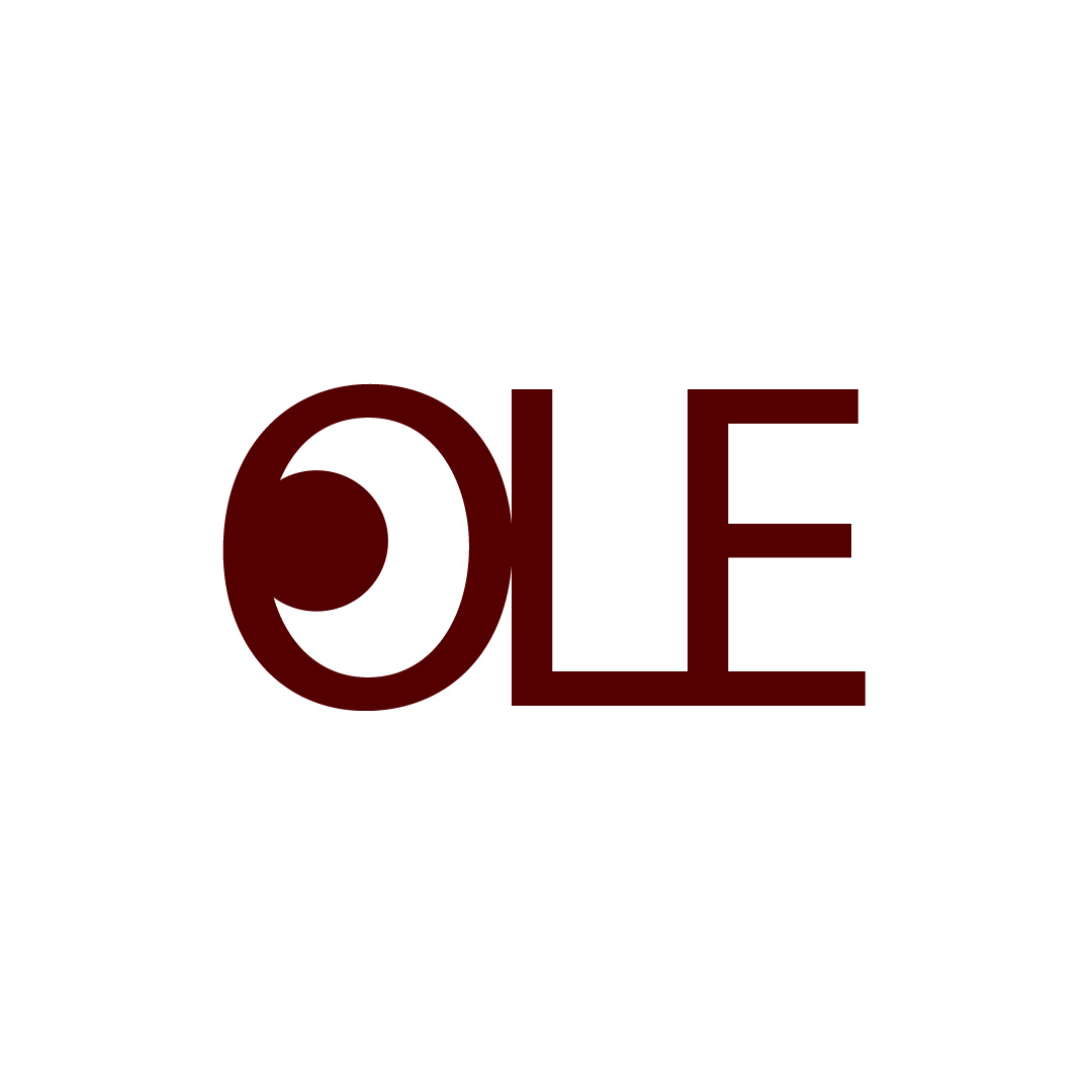 Text with a stylized eye symbol and the letters 'OLE' in dark red on a white background.