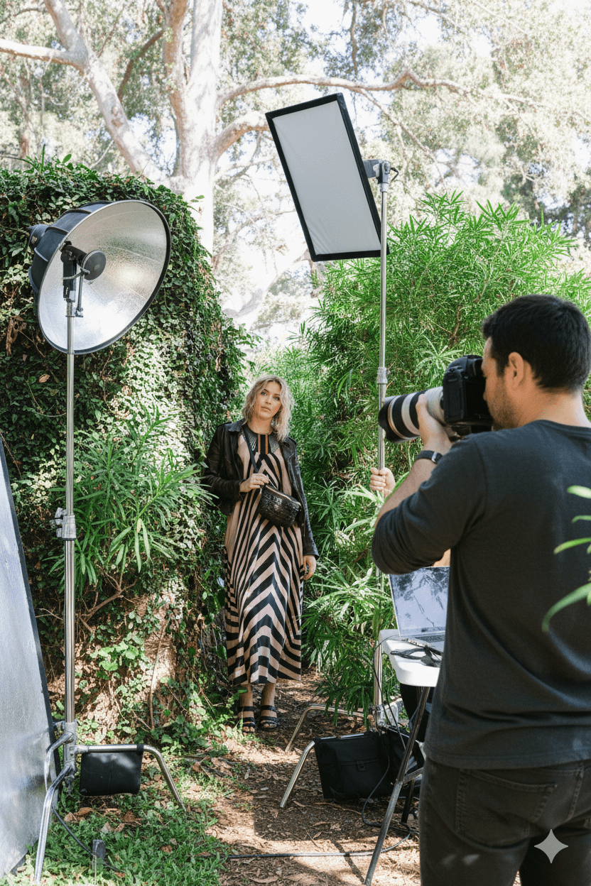 A woman in a striped dress stands outdoors with photography equipment, including a large reflector and a light panel, surrounded by greenery.