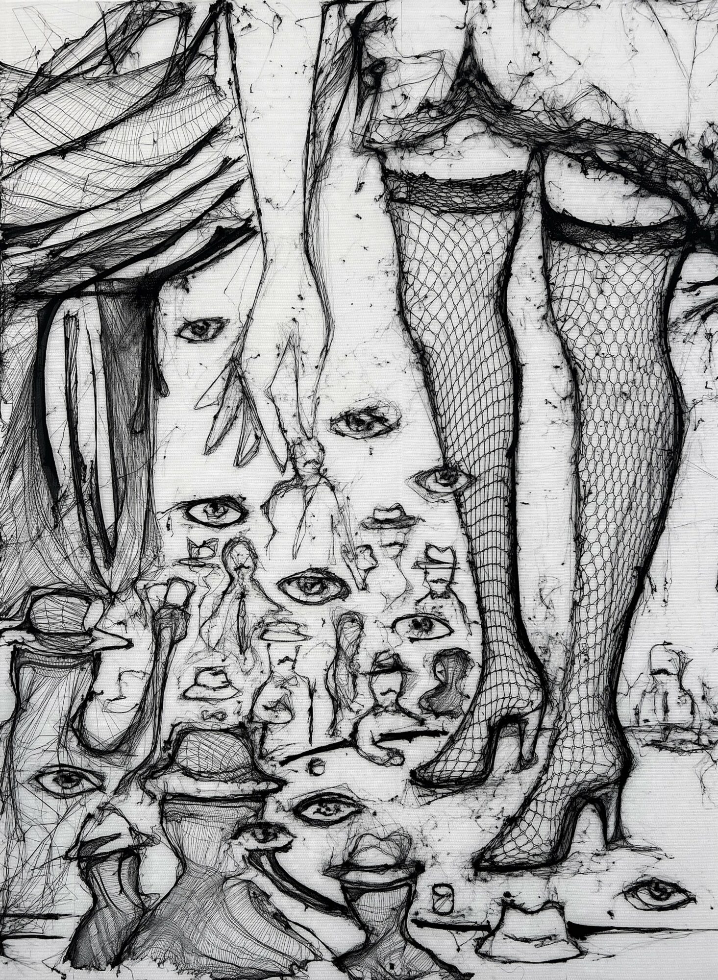 Sketch of a person wearing fishnet stockings and high heels, with multiple faces and eyes drawn around them.