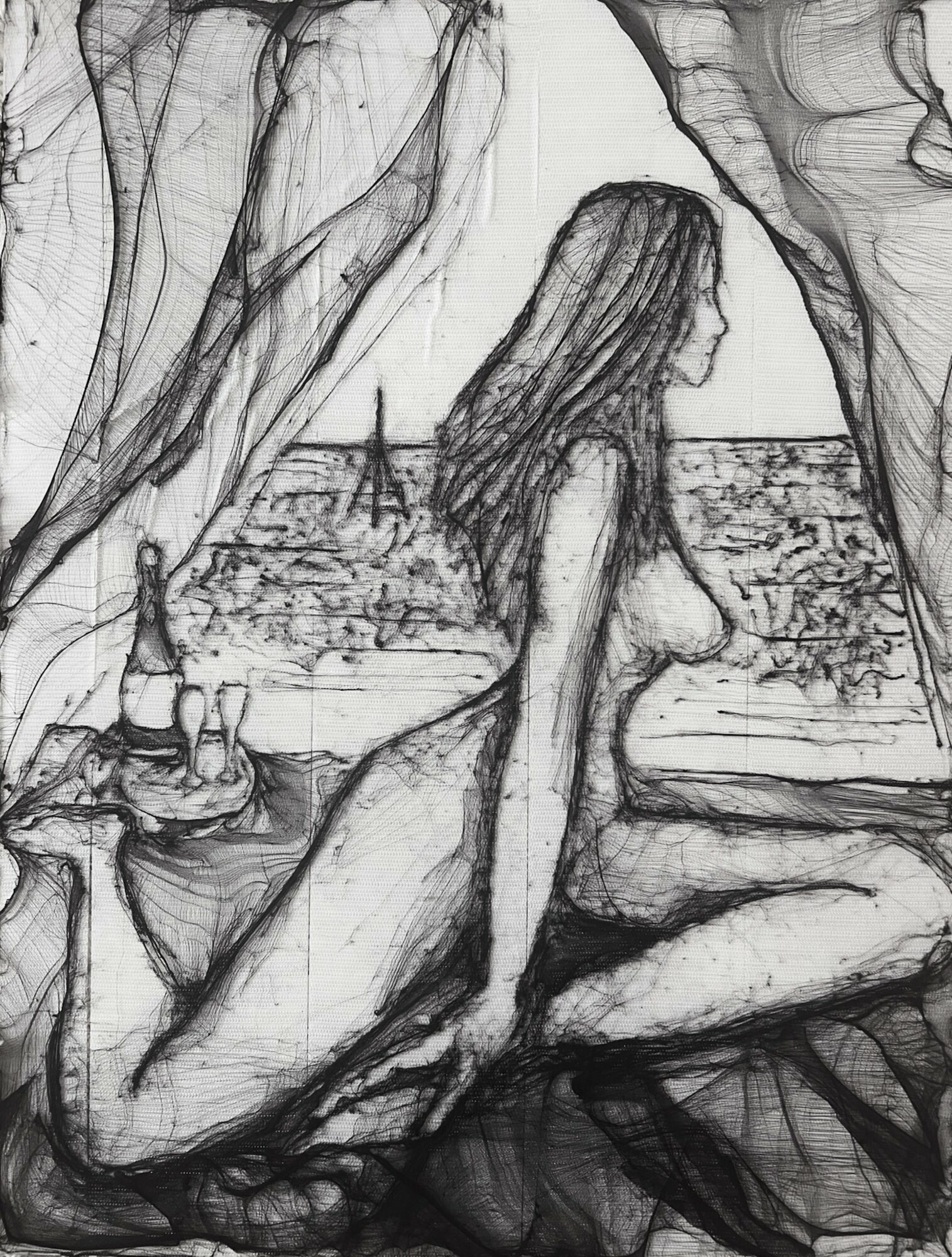 Sketch of a woman sitting by a window, looking outside at a cityscape with a bridge in the distance.