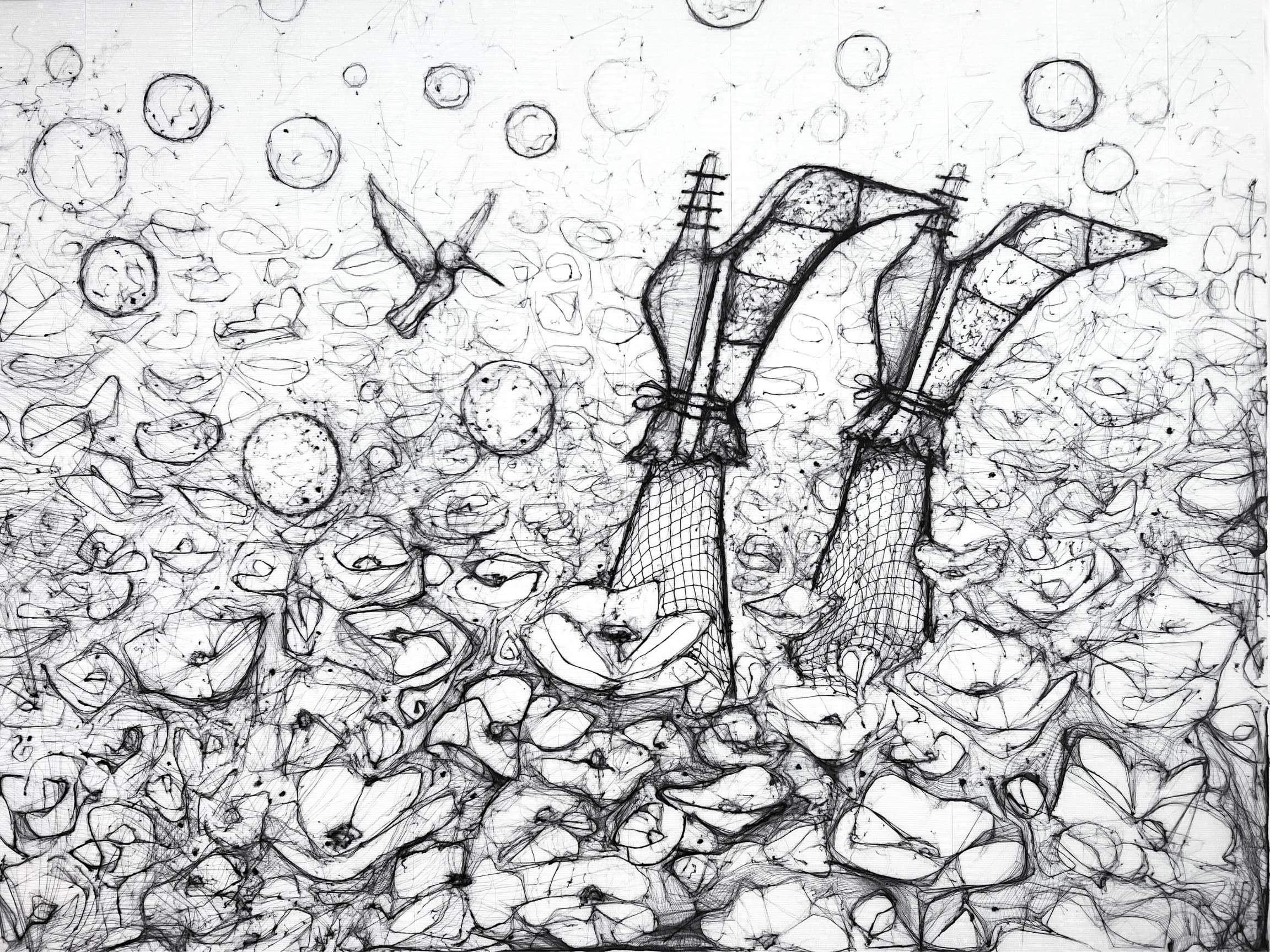 Sketch of legs in boots submerged in water with rocks and bubbles, a bird flying nearby, and ripples on the surface.