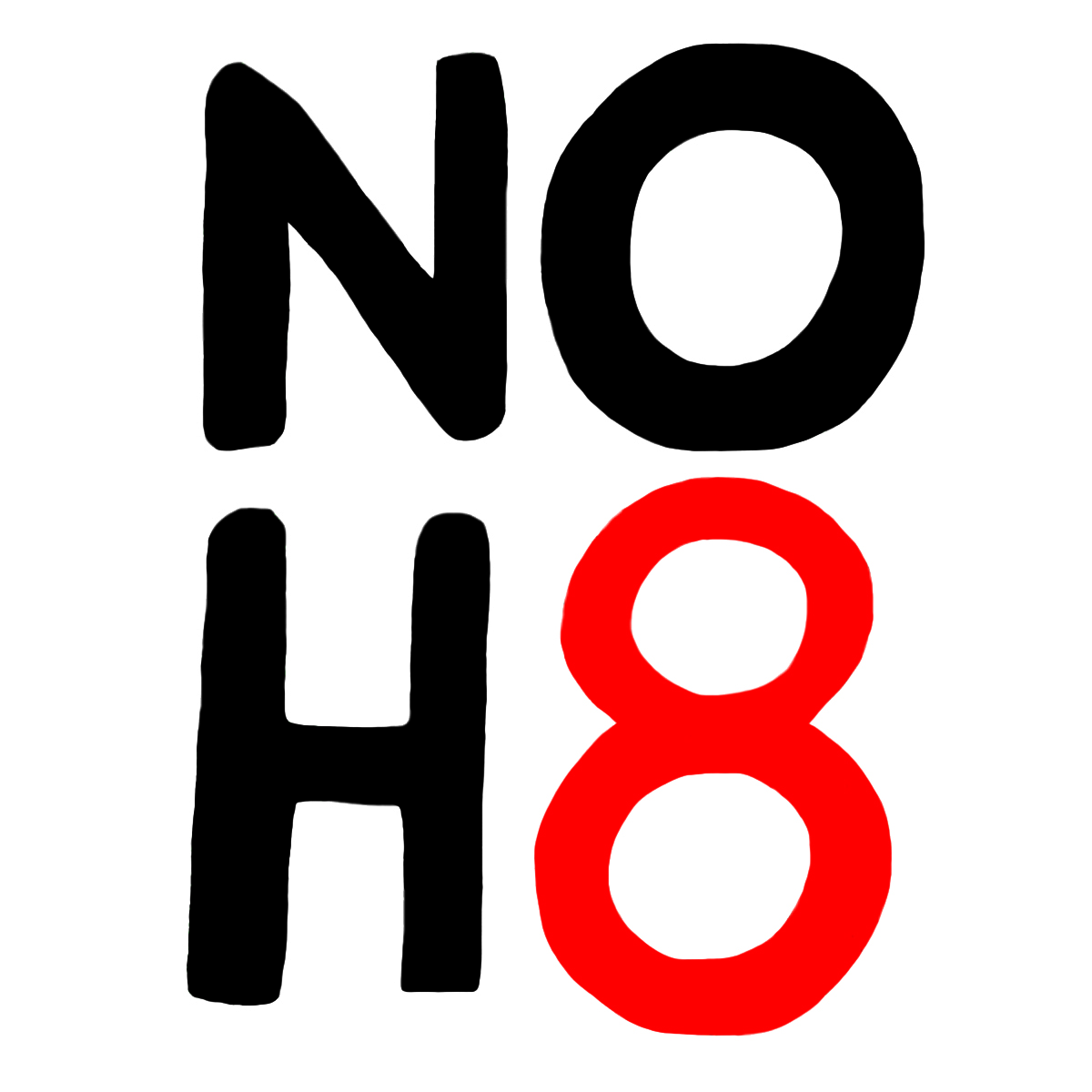Text reading 'NO H8' with black and red characters, symbolizing a message against hate.