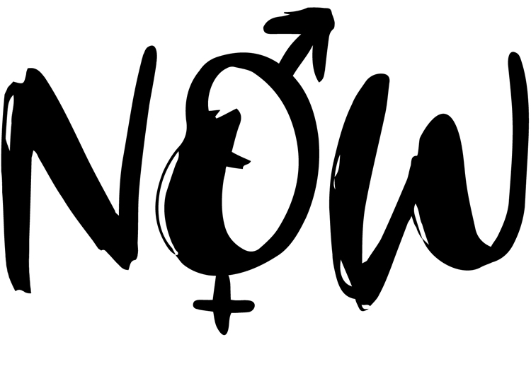 The word 'NOW' with gender symbols integrated into the letters, including male, female, and transgender symbols.