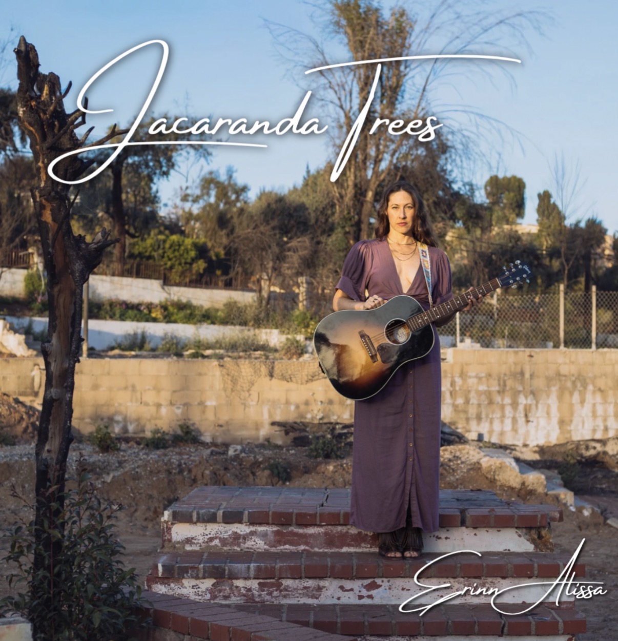 Woman in purple dress holding guitar on brick steps outdoors, trees and fence in background, clear sky.