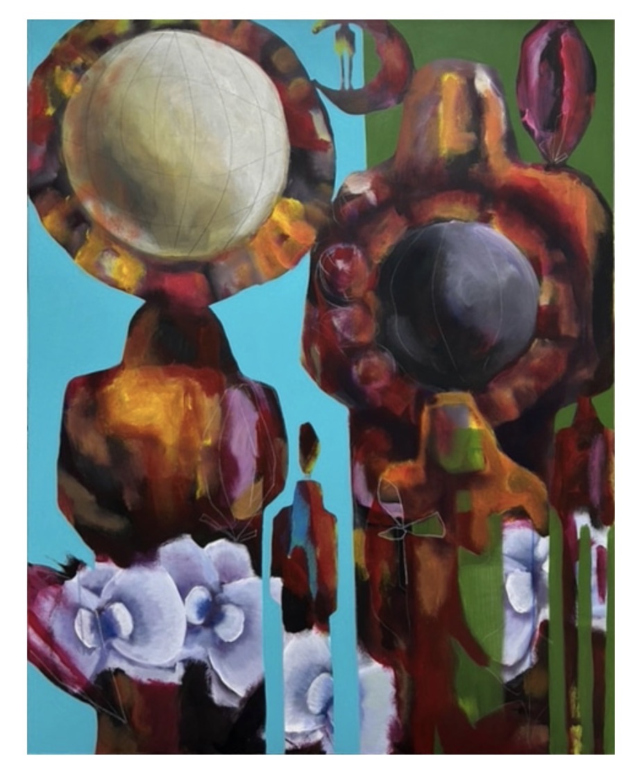 Abstract sculpture with spherical and cylindrical shapes, colorful patterns, and a blue background.