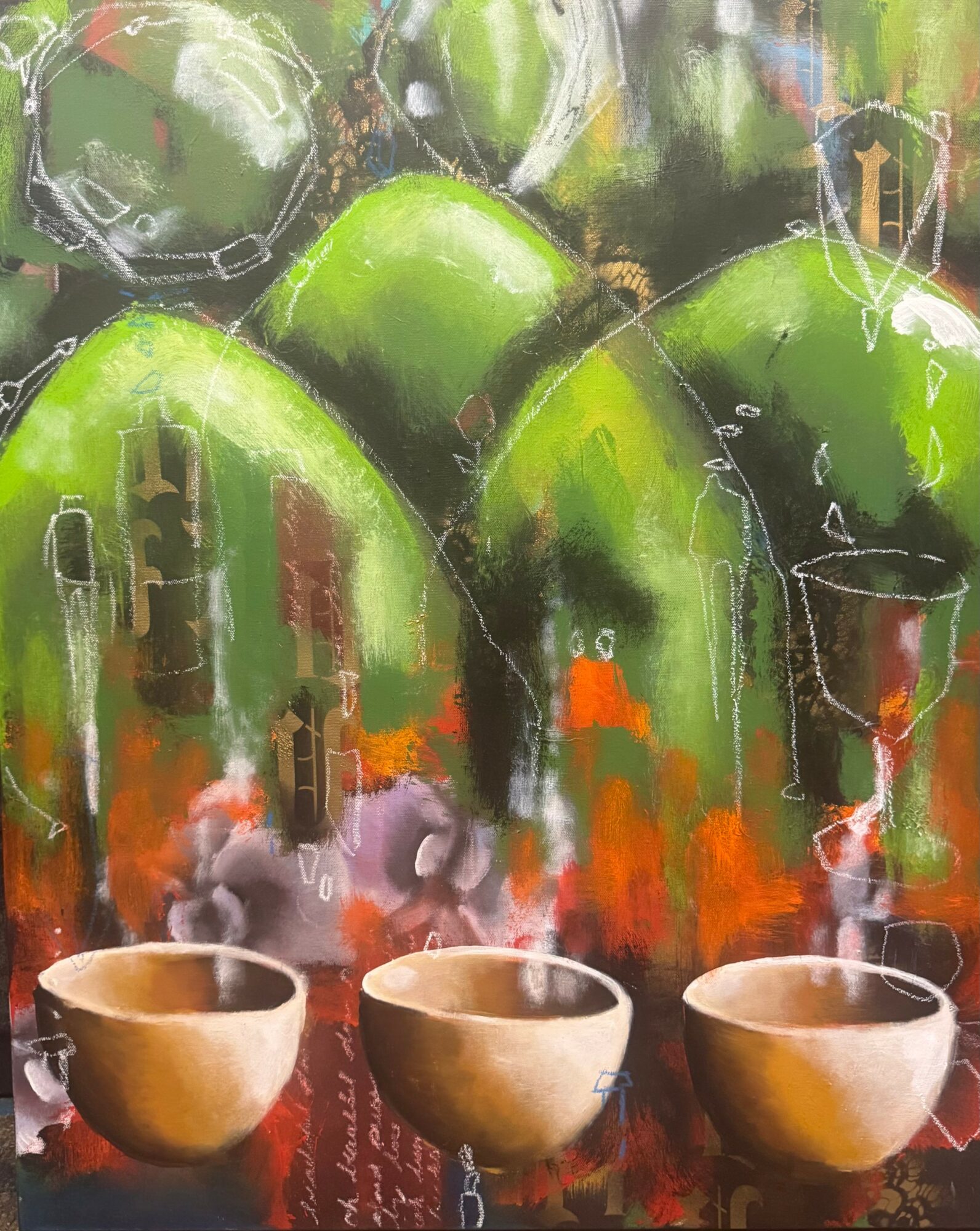Three steaming bowls in front of large green domed structures with chains and abstract background.