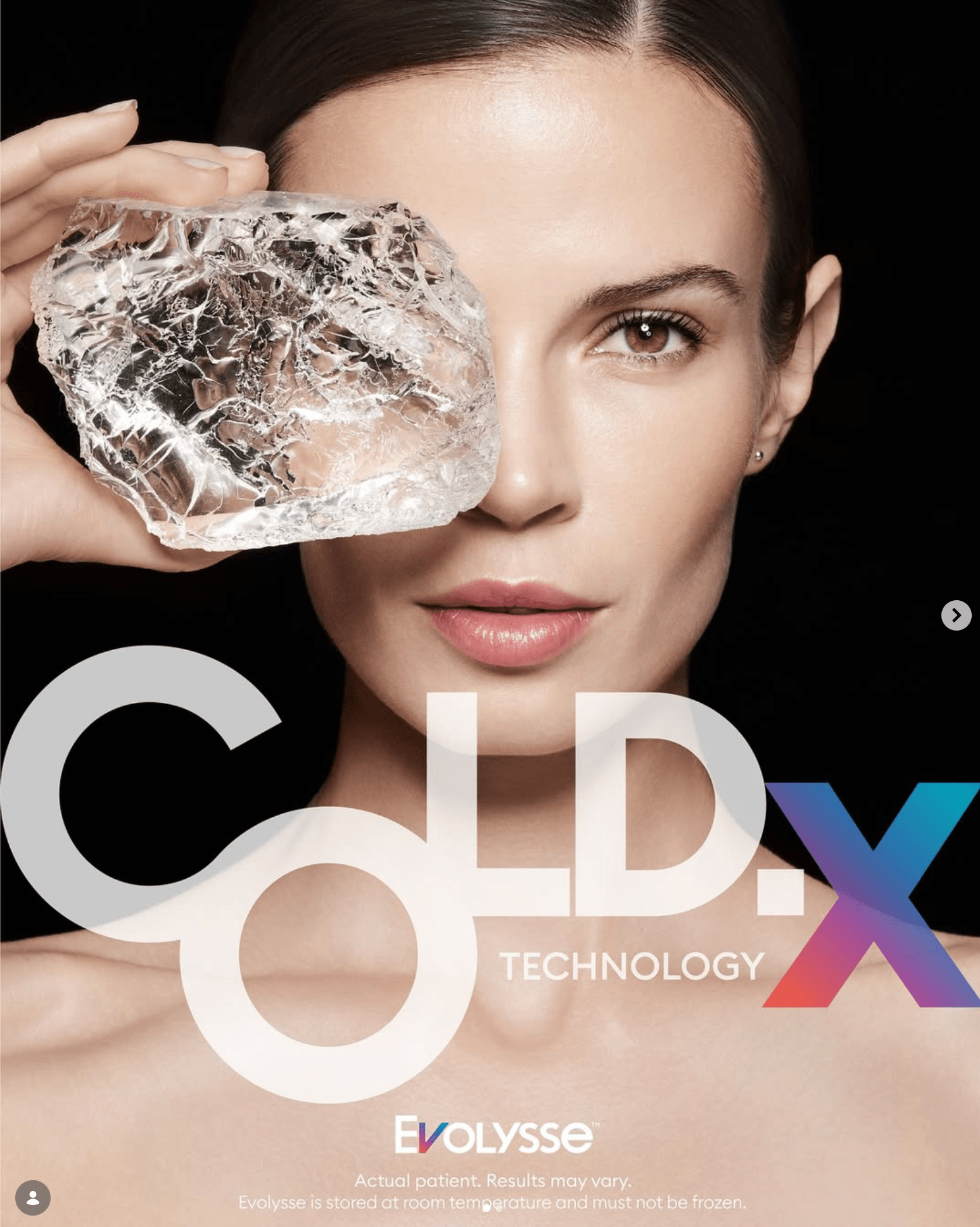 Woman holding a large ice cube near her face, with text 'COLD X TECHNOLOGY' and a logo at the bottom.