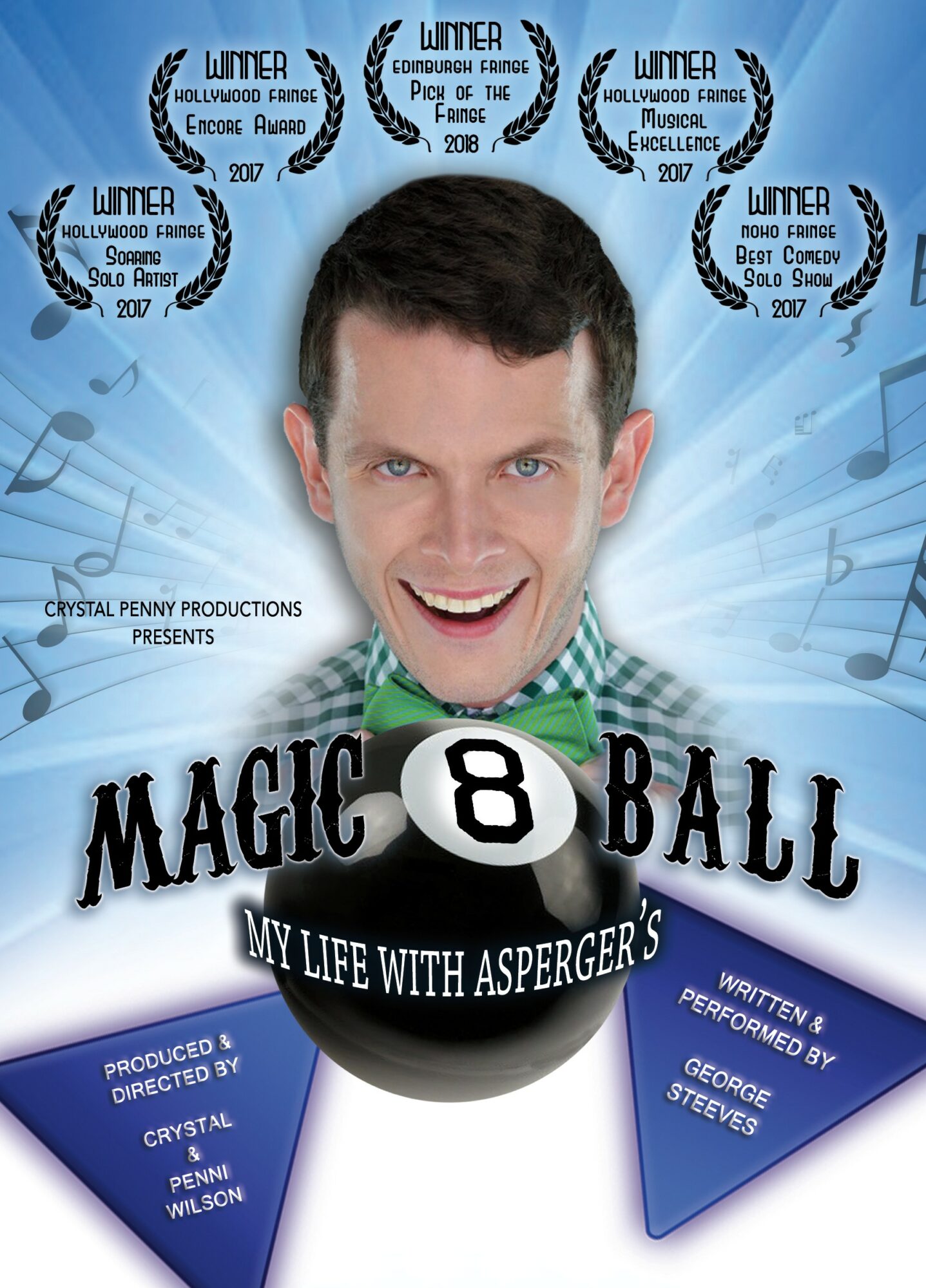Smiling man with dark hair and green bow tie, holding an 8 ball, with a blue background and event logos.