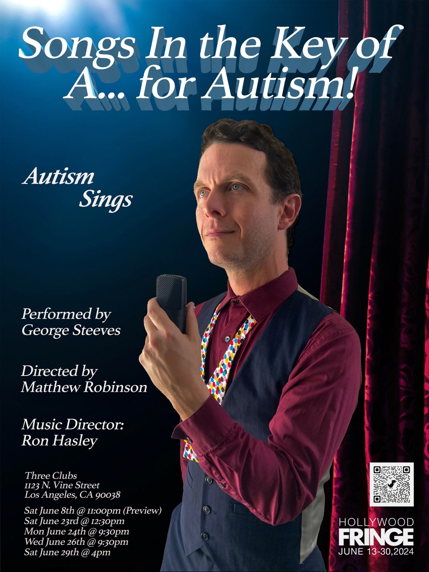 Man holding a microphone, looking to the side, with a blue background and text about autism songs and performers.