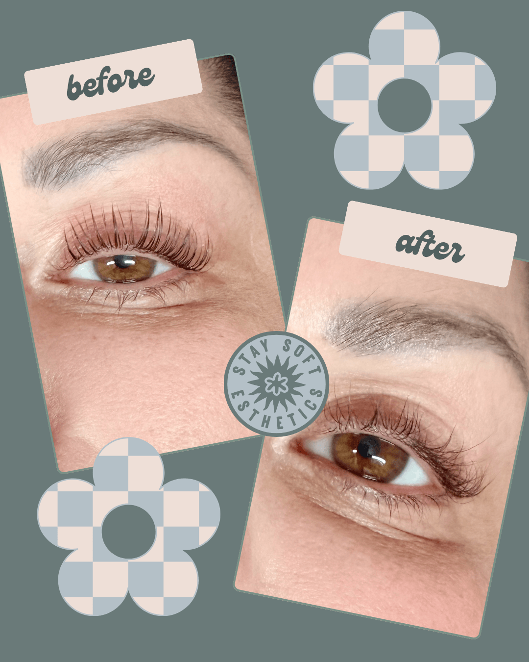 Close-up of eye before and after eyelash extension application, with decorative flower graphics and labels. Word counts: 20.