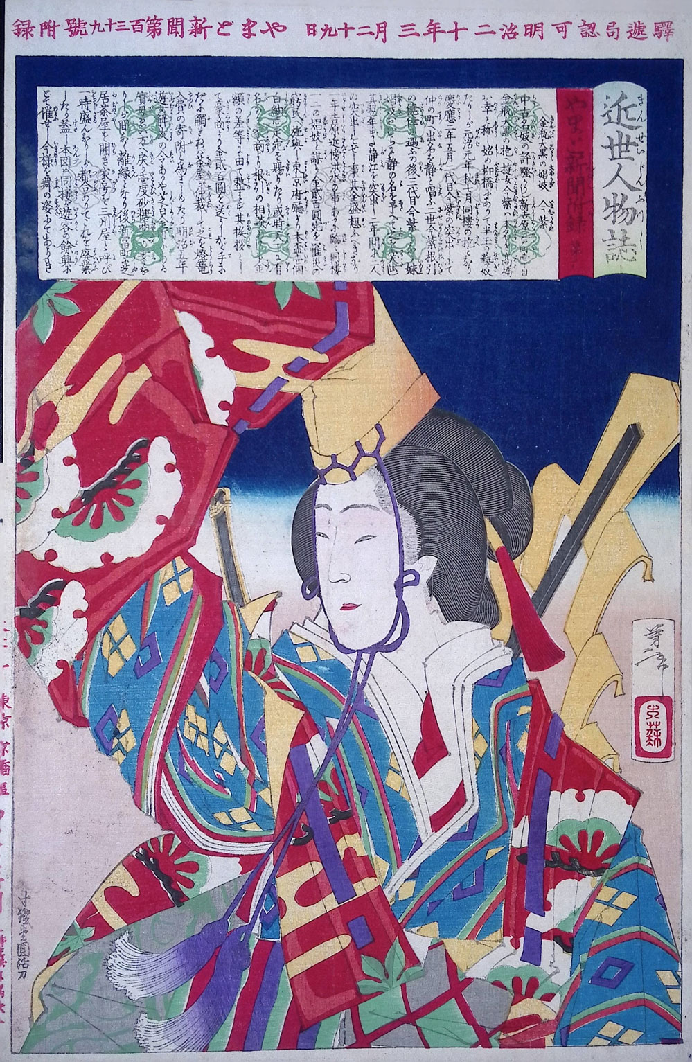 Upright Japanese woodblock print of a woman in colorful kimono, holding a fan, with a blue background.
