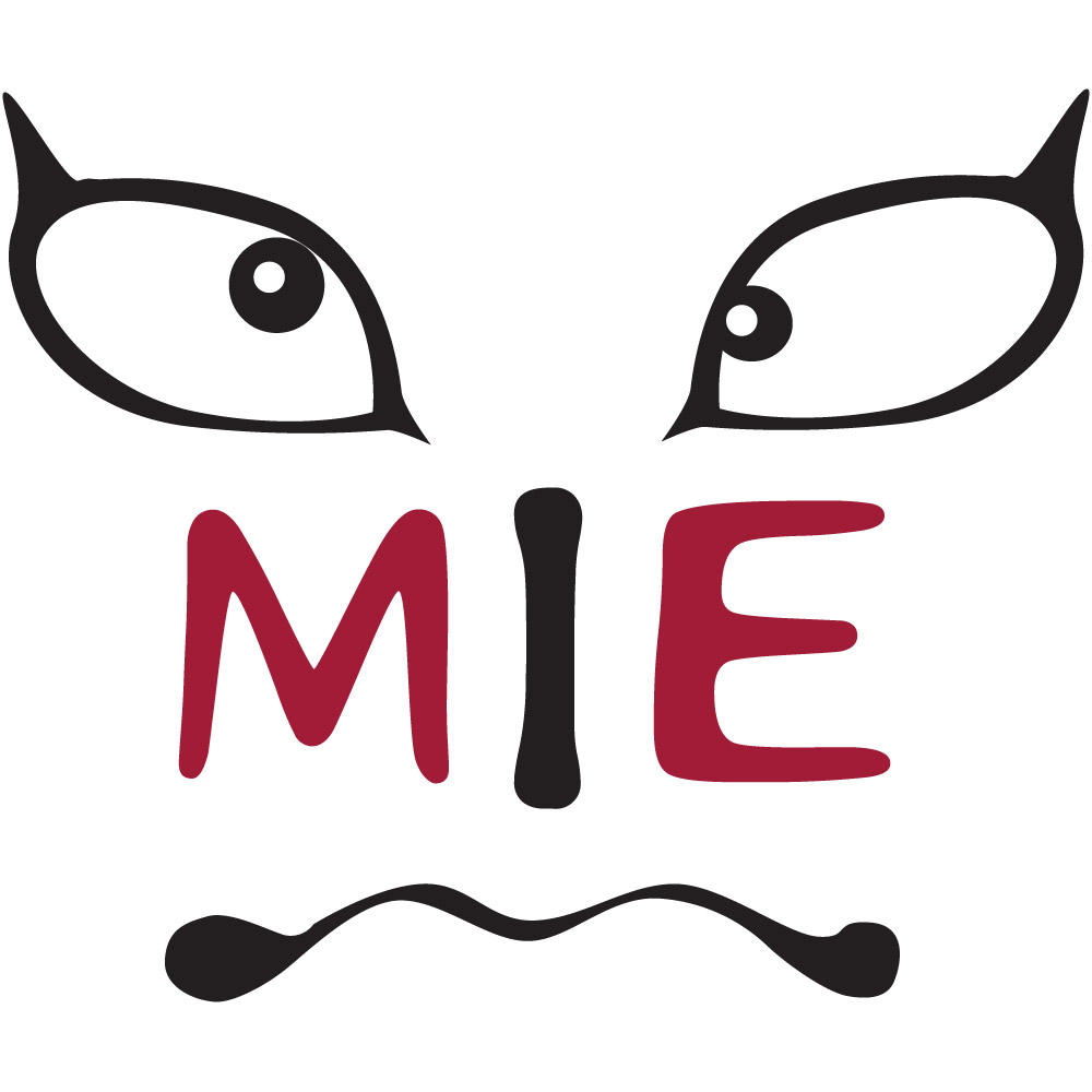 Stylized cat face with eyes and whiskers above the word 'MIE' in red and black.