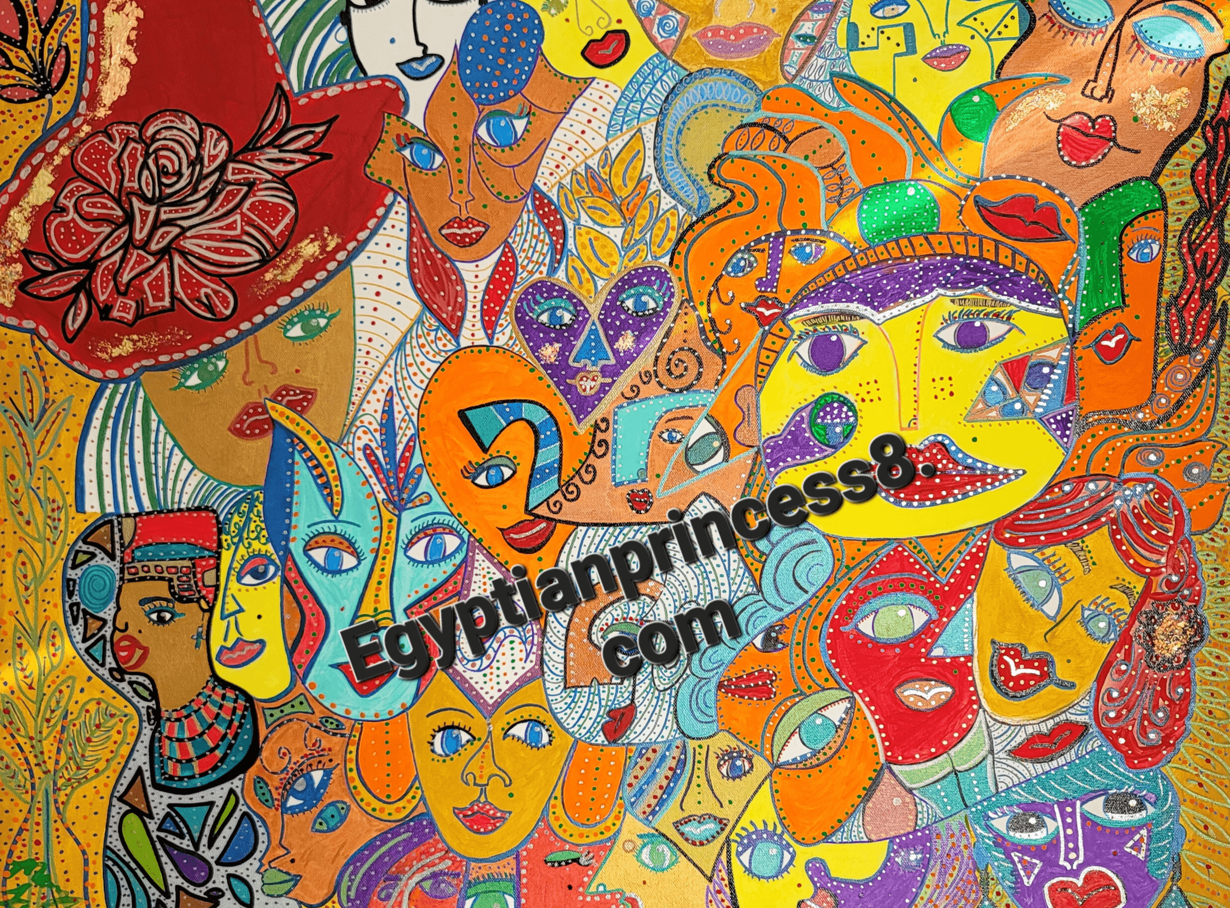 Colorful abstract faces and patterns with vibrant colors and intricate designs filling the image.