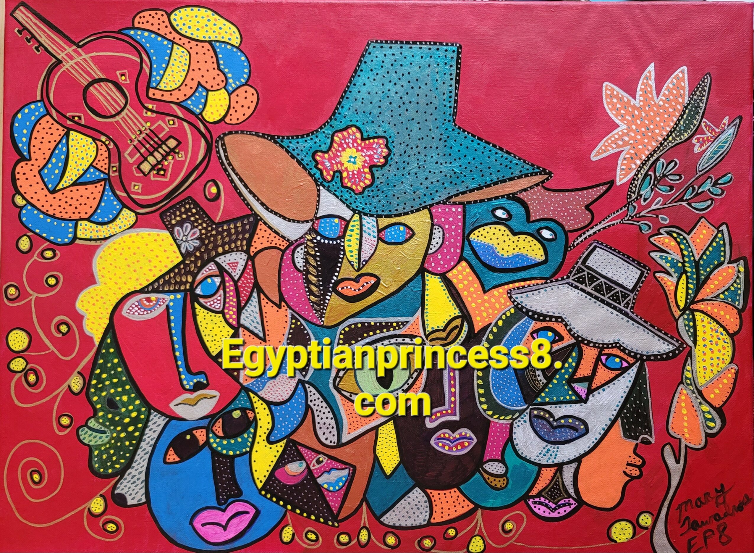 Colorful abstract faces, musical instruments, and flowers on a pink background with the text 'Egyptianprincess8.com'.