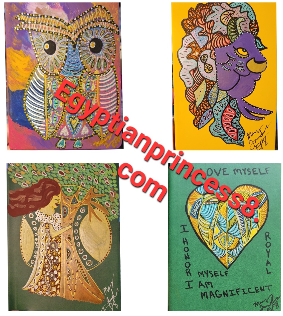 Four colorful, stylized animal and person illustrations with vibrant backgrounds, including an owl, lion, woman, and heart, with text.