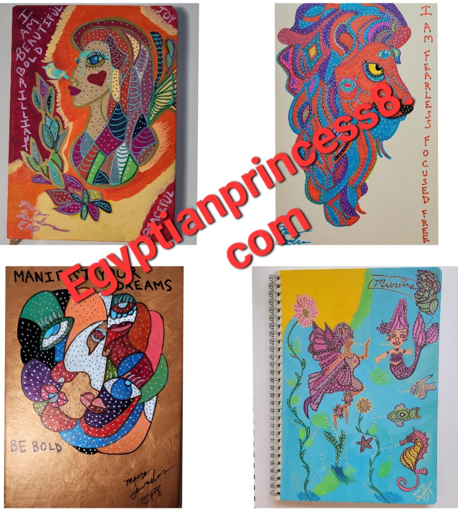 Four colorful children's drawings of princesses, animals, and underwater scenes, with a red watermark across the center reading 'Egyptianprincess.com'.