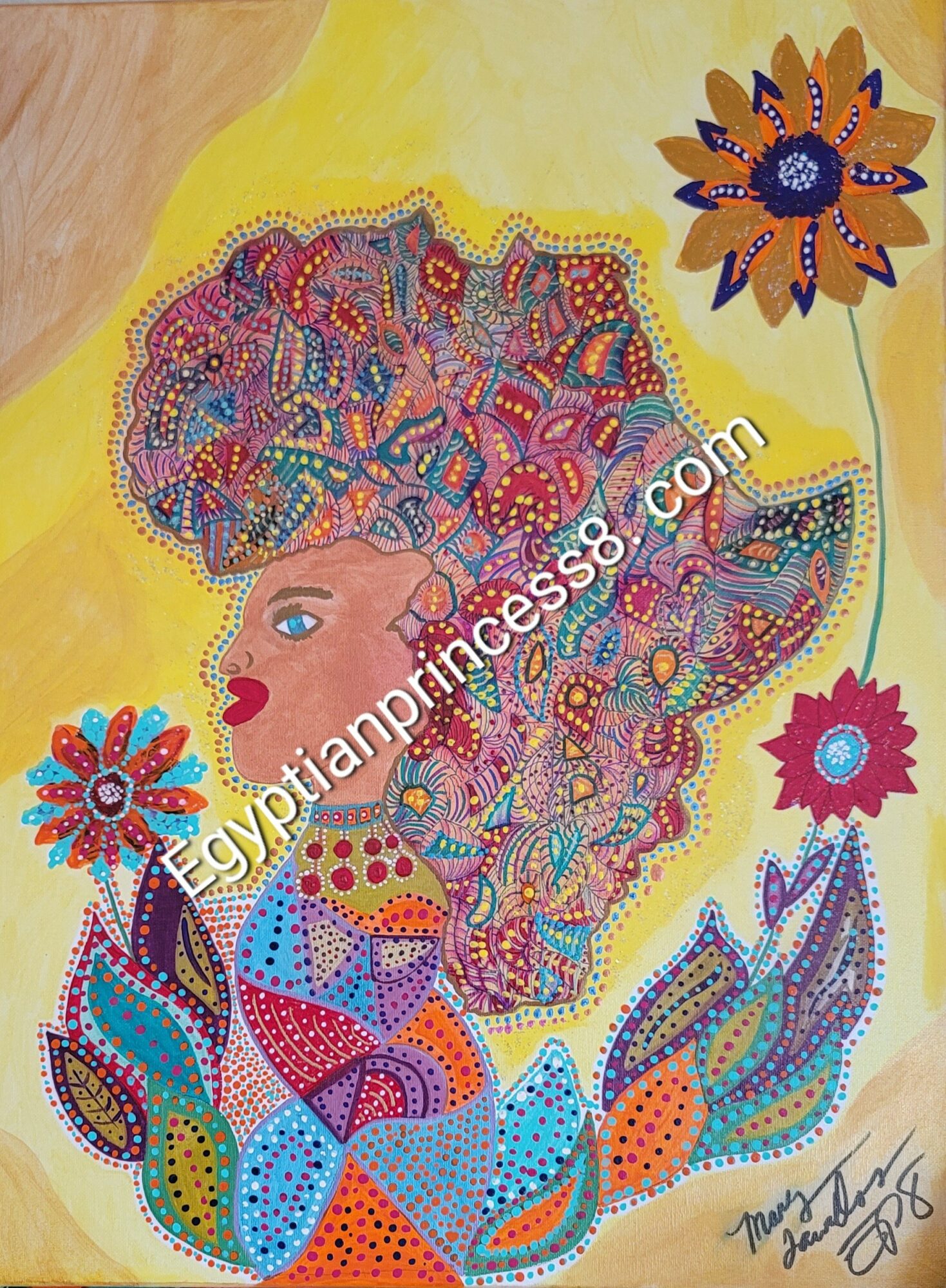 Portrait of a woman with colorful, intricate hair made of dots and patterns, surrounded by flowers and leaves, on a yellow background.