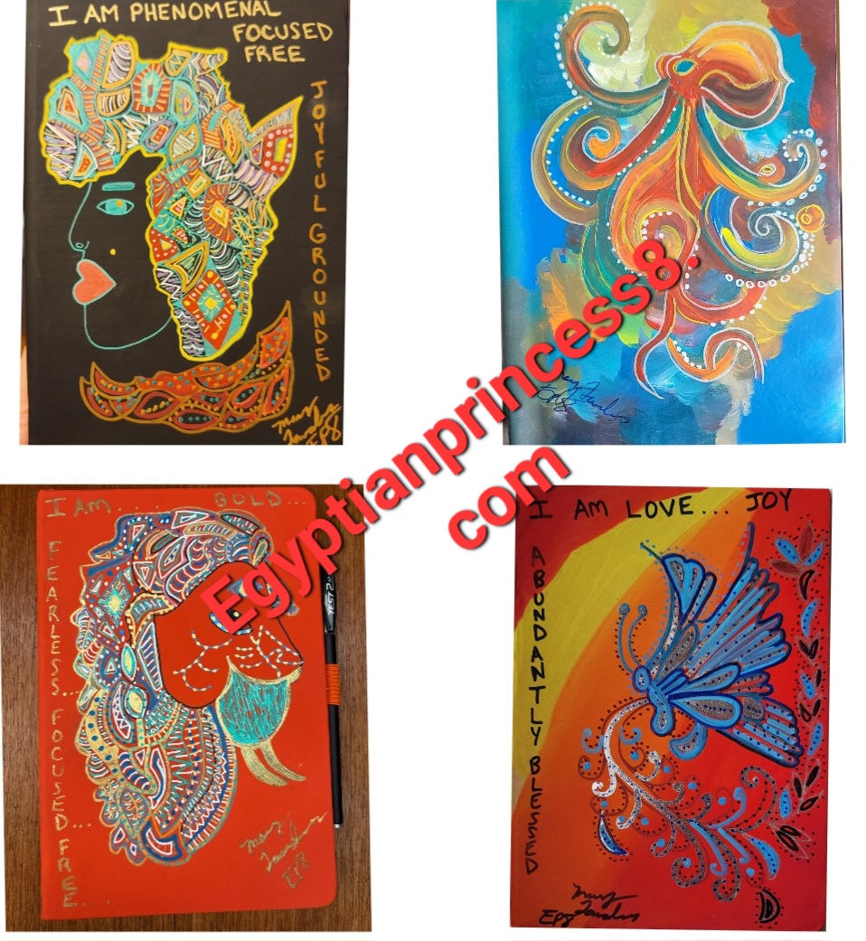 Four colorful, abstract portraits of women with intricate patterns and vibrant backgrounds, each expressing different emotions and themes.