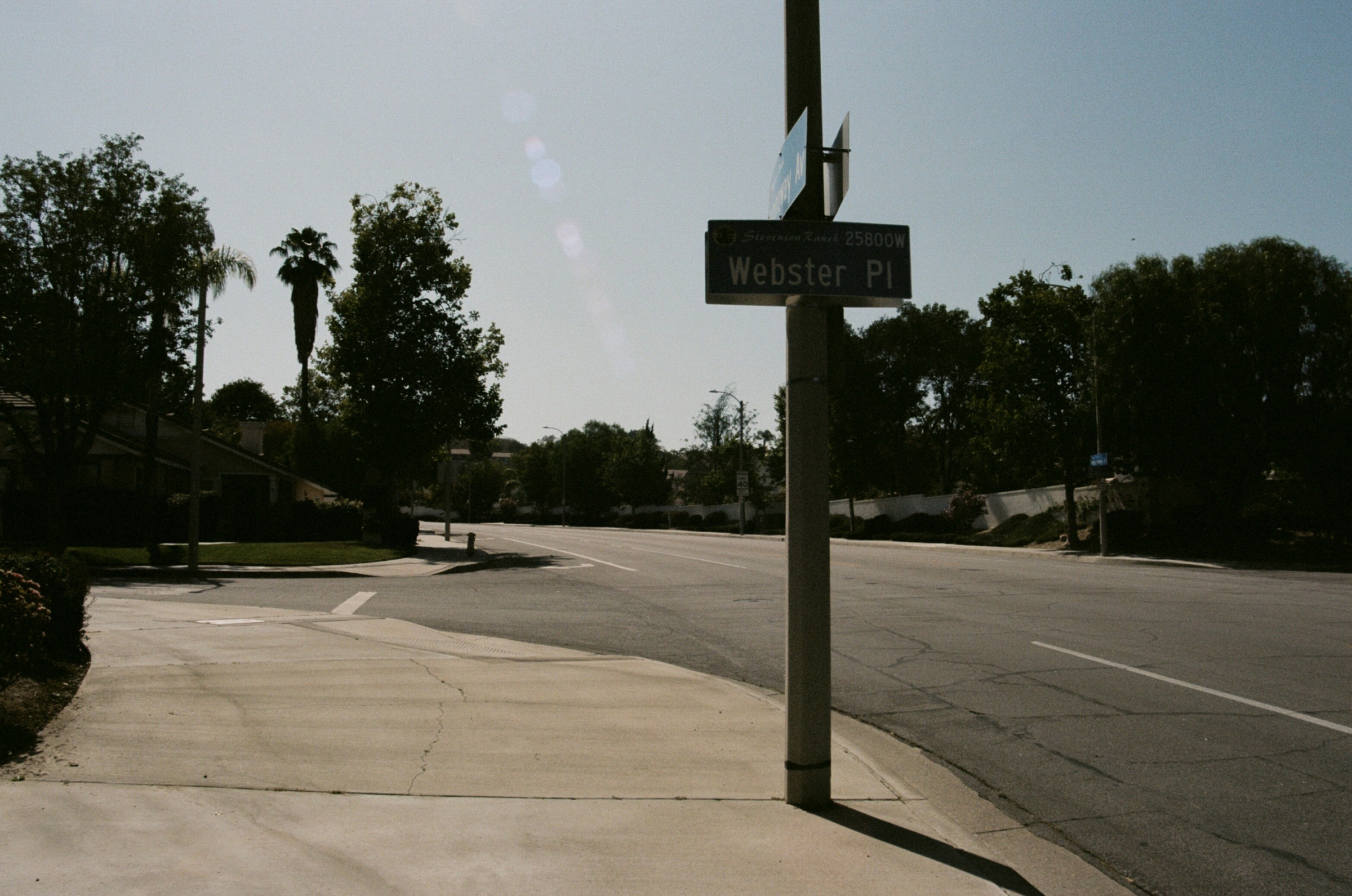 Street corner with a pole and a street sign reading 'Webster Pl', trees, and a clear sky.
