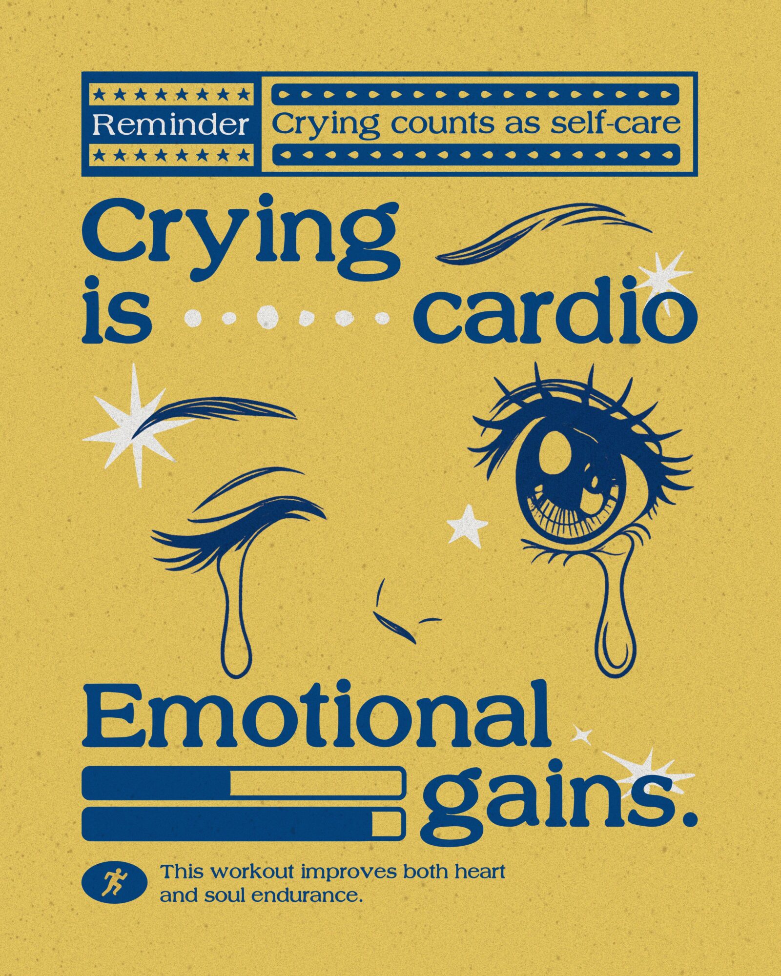 Yellow background with blue text and illustrations, including a face with tears, promoting emotional self-care and heart health.