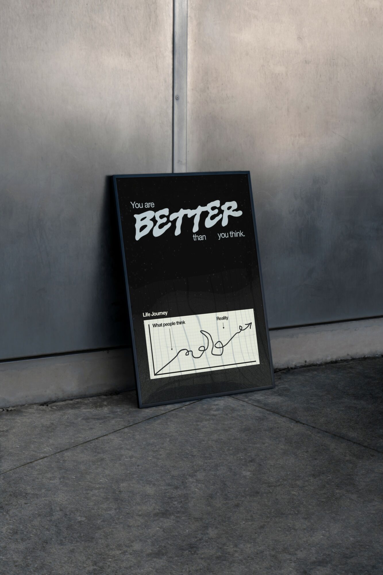 A black signboard with white text and a graph, leaning against a metallic wall on a concrete floor.