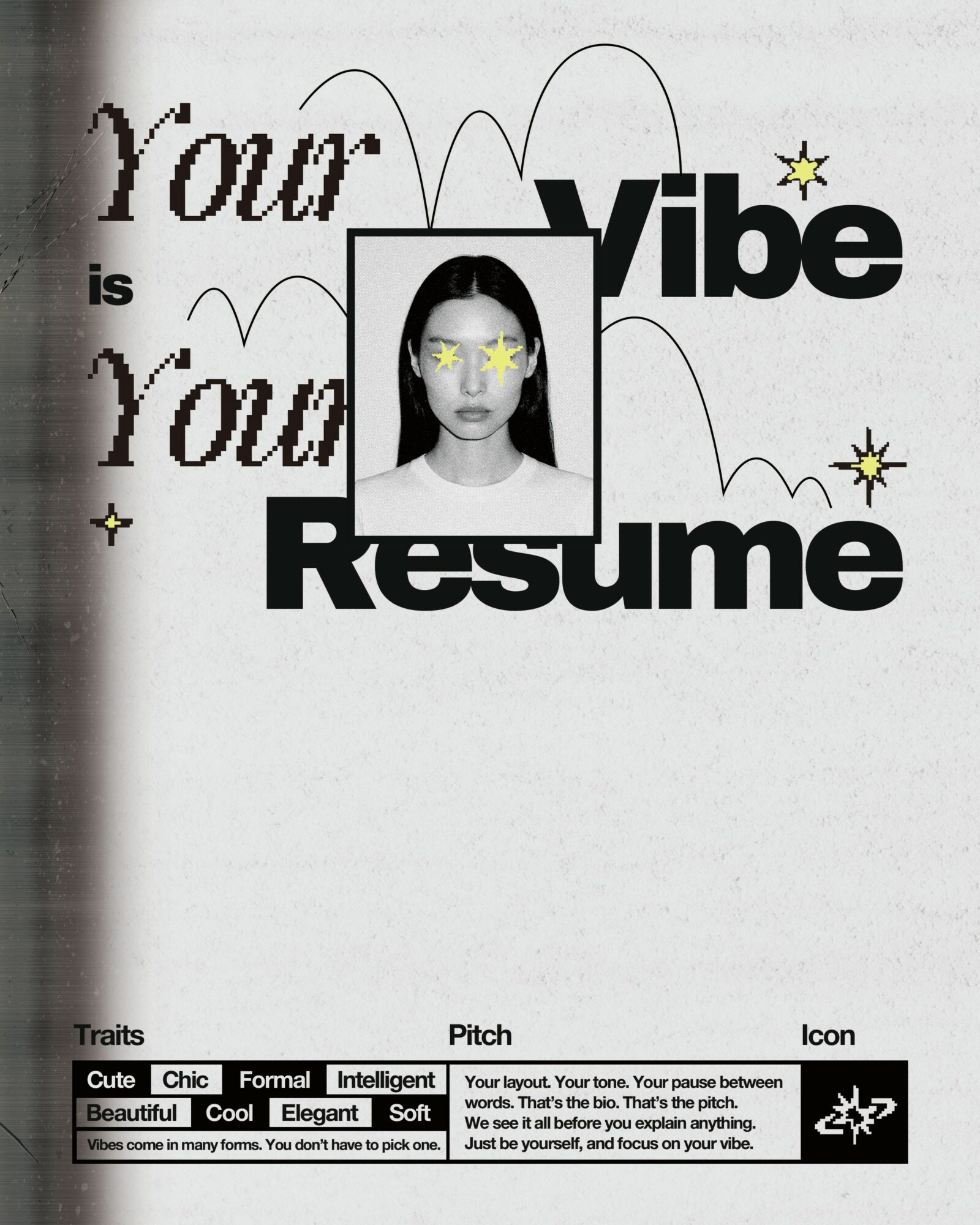 Black and white graphic with a woman's photo, text about vibe and resume, and small icons, on a light background.