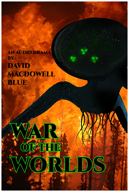 Silhouette of an alien creature with a large head and glowing green eyes against a fiery orange background with trees.