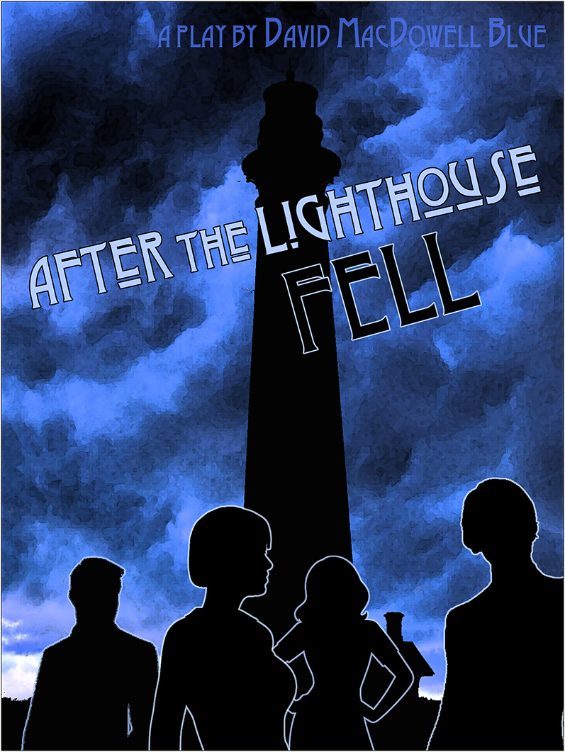 Silhouettes of four people in front of a lighthouse against a dark, cloudy sky, with text about a play and lighthouse.