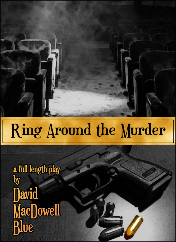 The image shows an empty theater with smoke, a gun, and bullets, with a yellow banner reading 'Ring Around the Murder'.