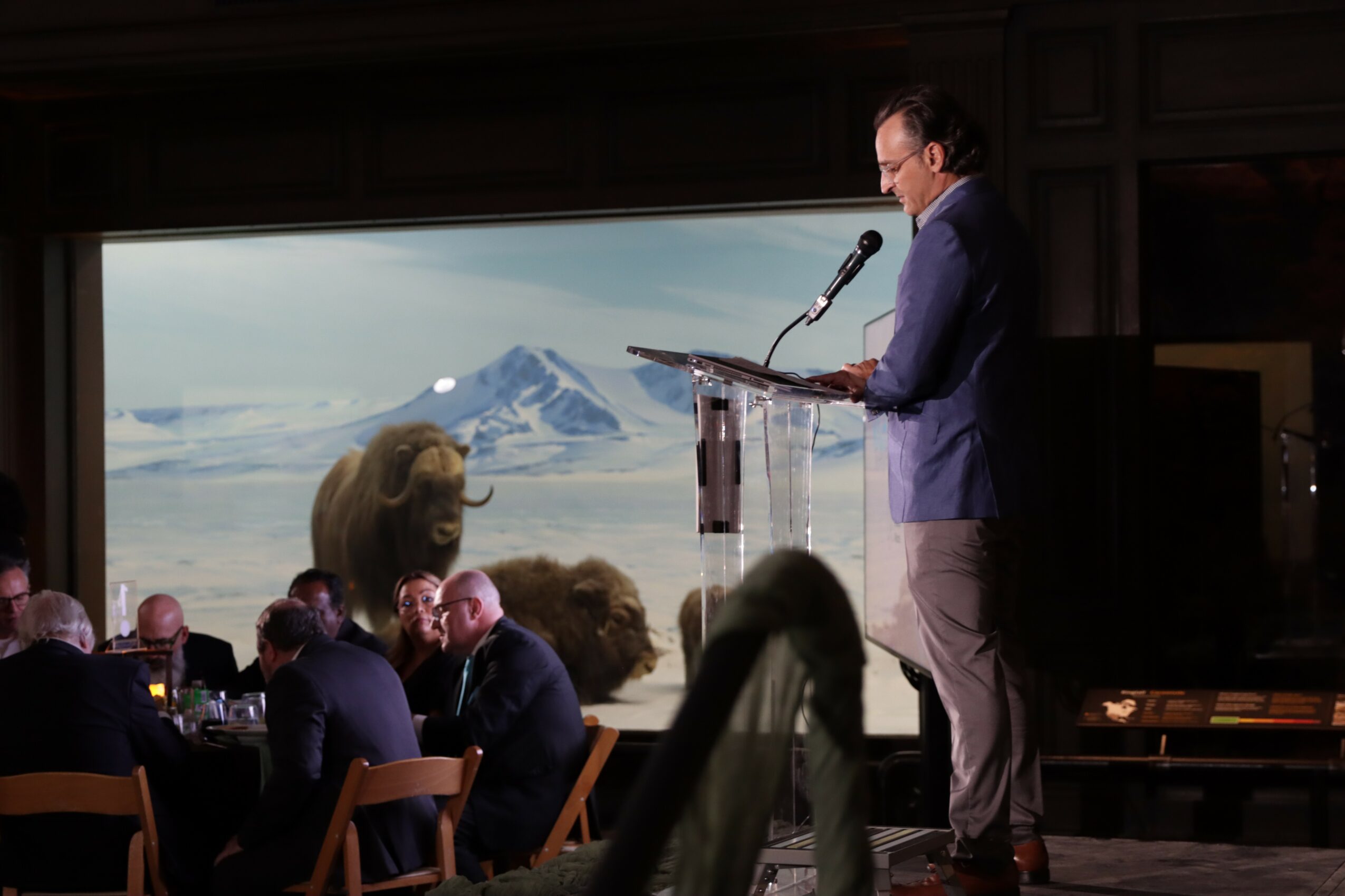 Man speaking at a podium during a presentation with a mountain landscape projected behind him, audience seated at tables.