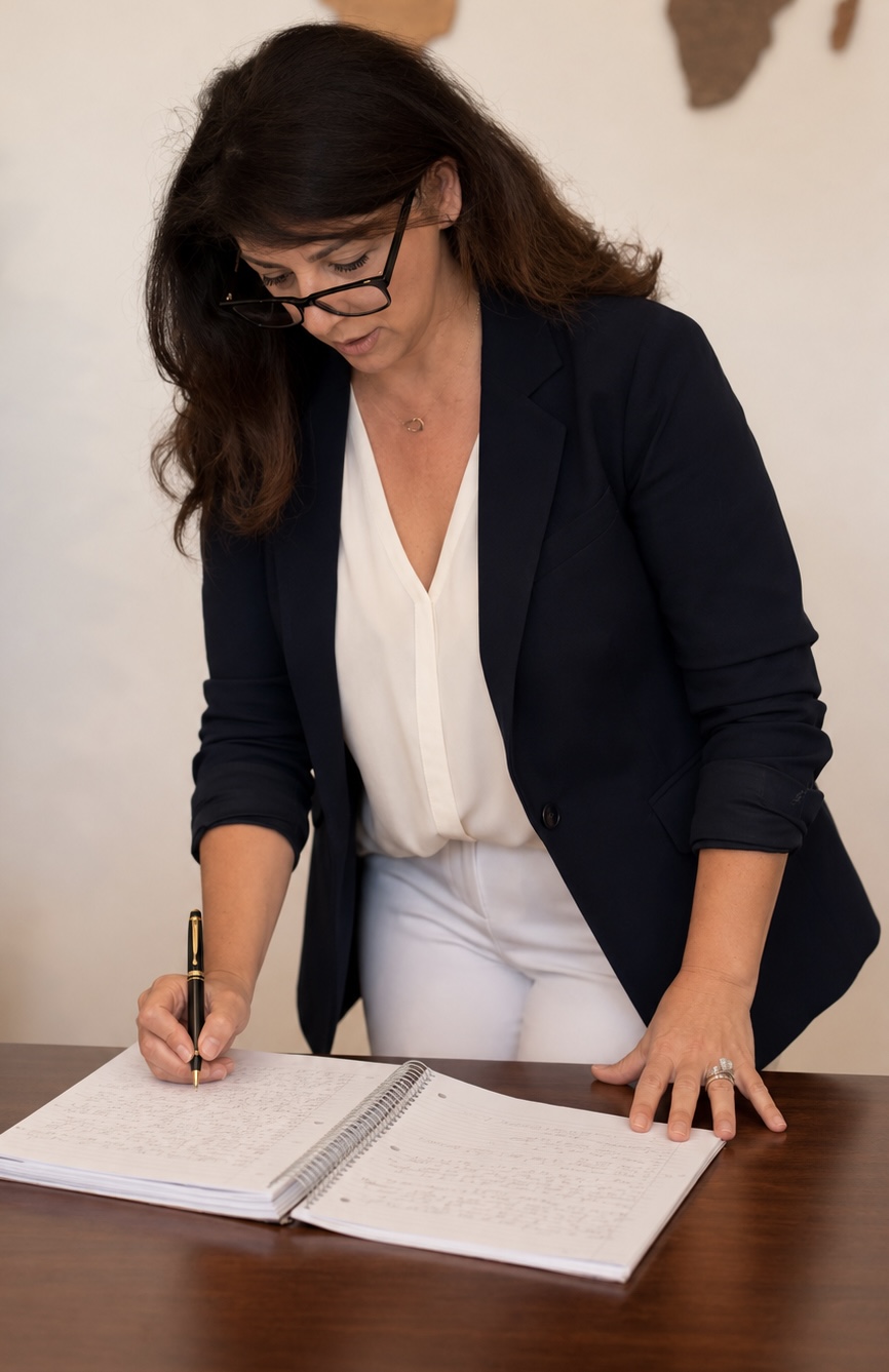 Woman with glasses writing in a notebook on a table, wearing a dark blazer and white blouse.