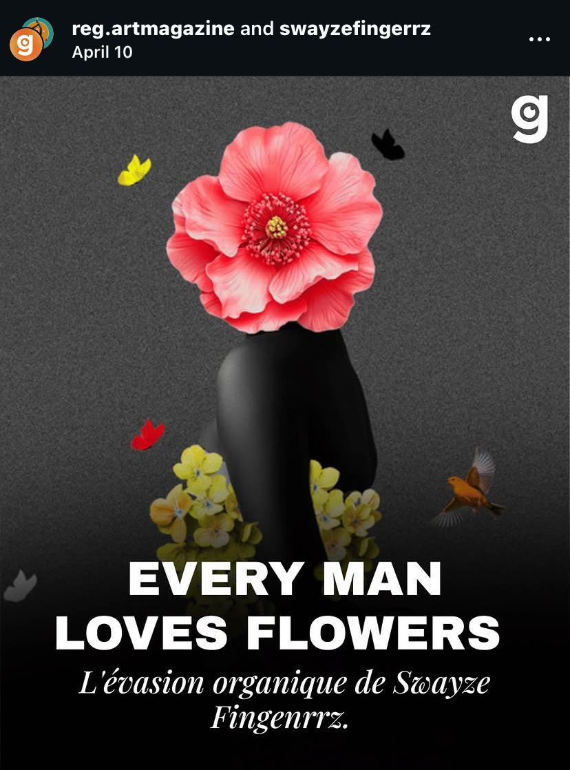 A black vase with a large pink flower as a head, surrounded by small yellow, red, black, and orange flowers and butterflies, on a dark background.
