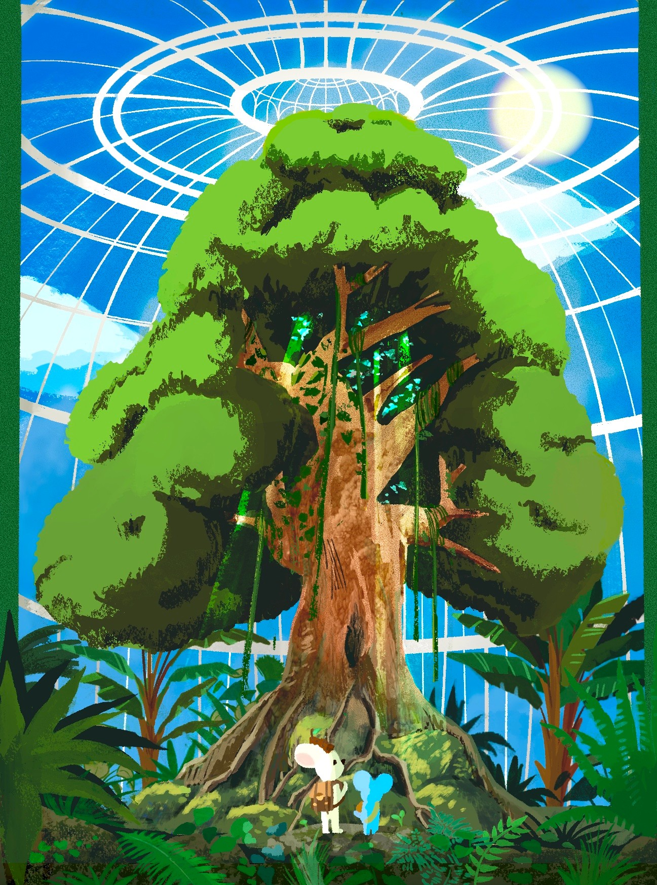 A large tree with lush green foliage and a thick trunk, with a person holding a balloon at its base, under a bright sky.