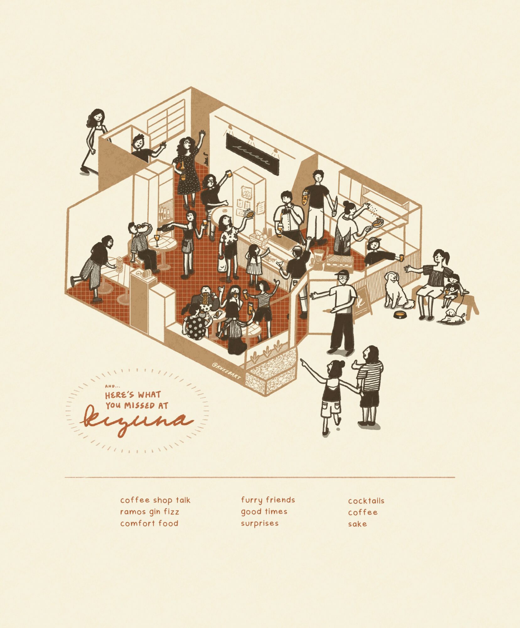 Illustration of a busy indoor space with people engaging in various activities, including talking, working, and playing, with a sign reading 'Laguana'.