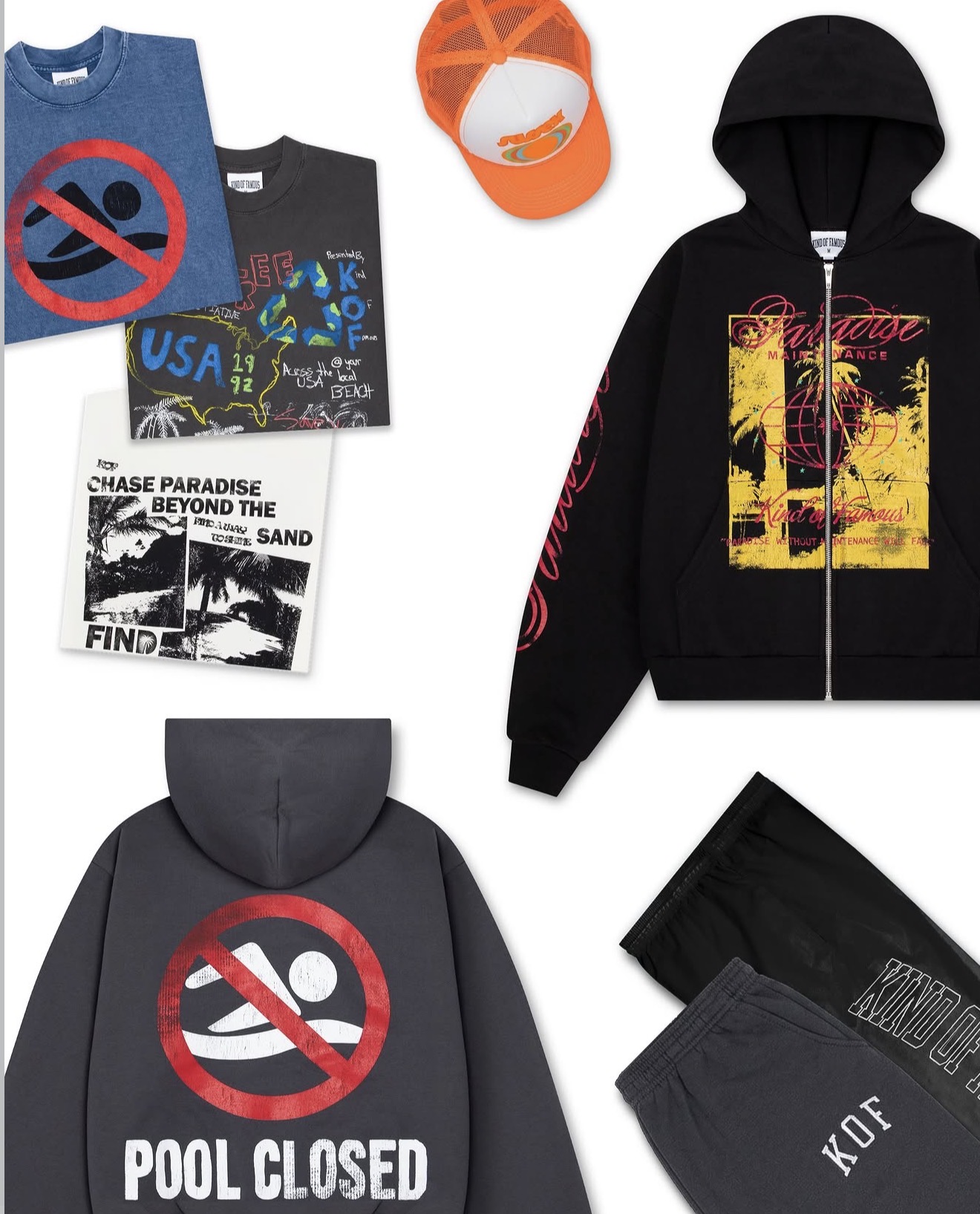 Collection of clothing and accessories including hoodies, t-shirts, shorts, and a cap, with some featuring no swimming or pool signs.