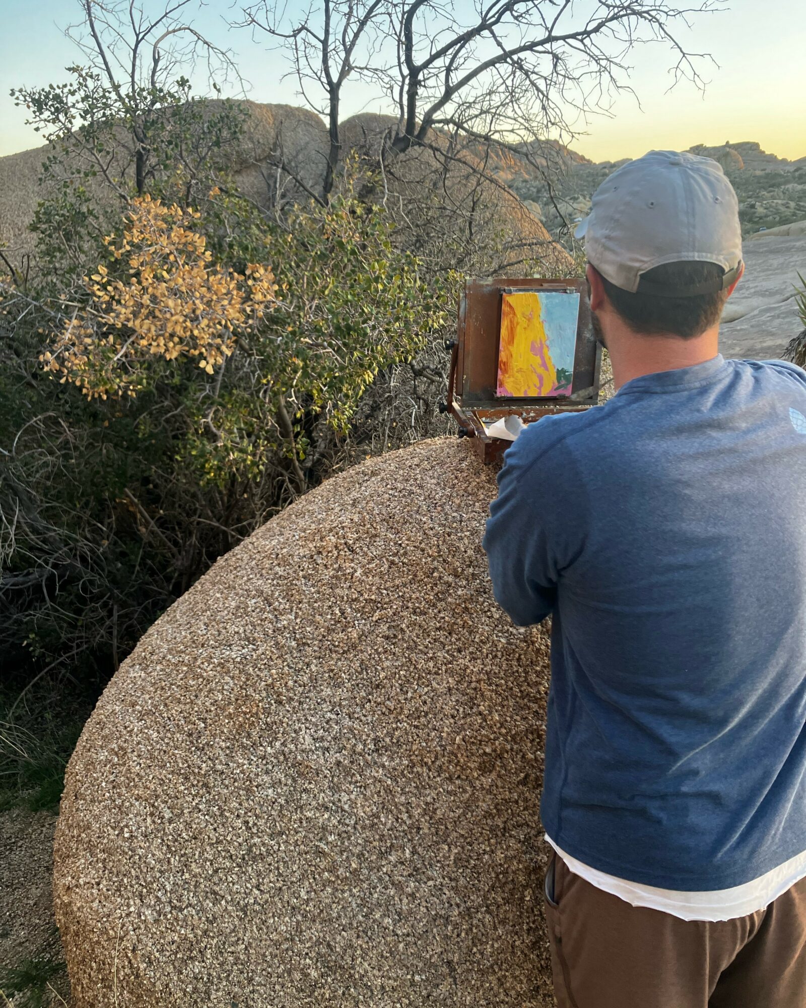 Person wearing a white cap and blue jacket takes a photo of a landscape with trees and hills, holding a tablet.