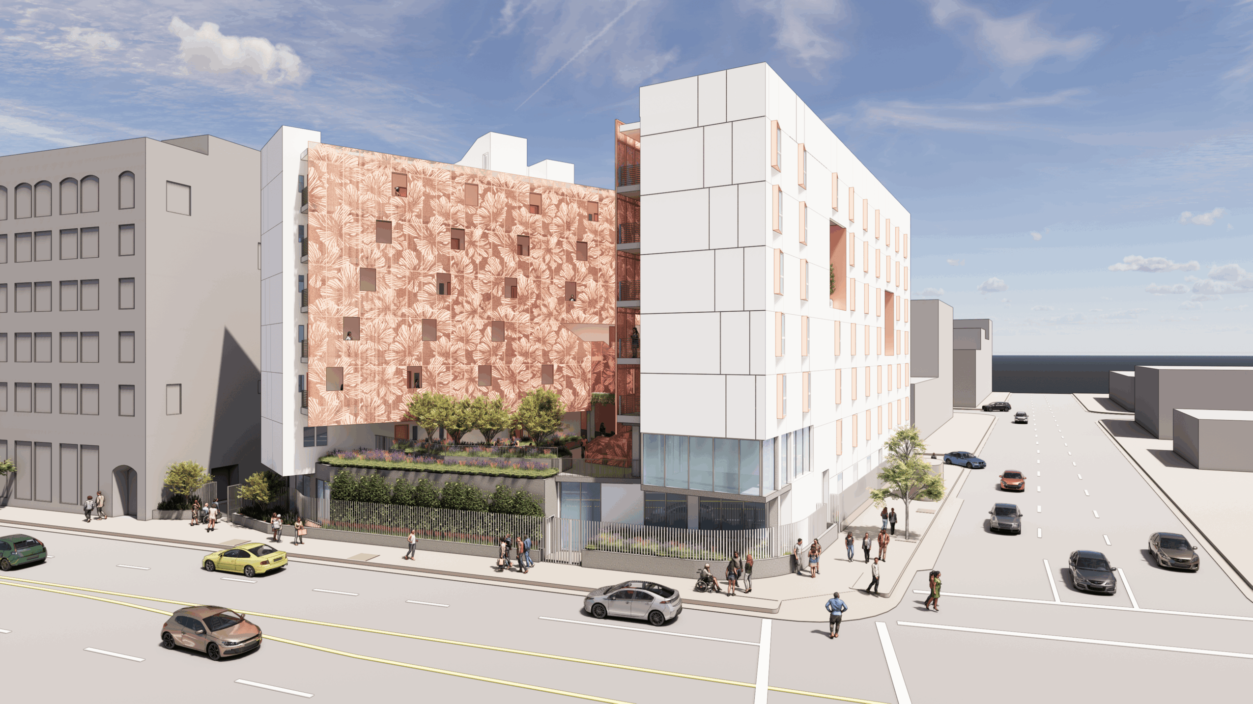 Modern multi-story building with glass and brick facades, surrounded by people and cars on city streets.