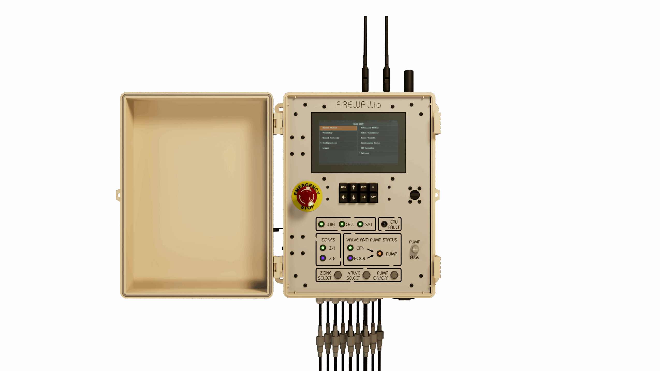 Electronic device with a screen, buttons, and a red emergency stop button, inside an open beige case, against a black background.
