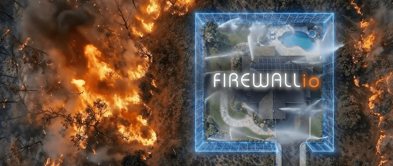 Fire burning in trees with a digital firewall graphic overlay, showing flames and smoke in the background.